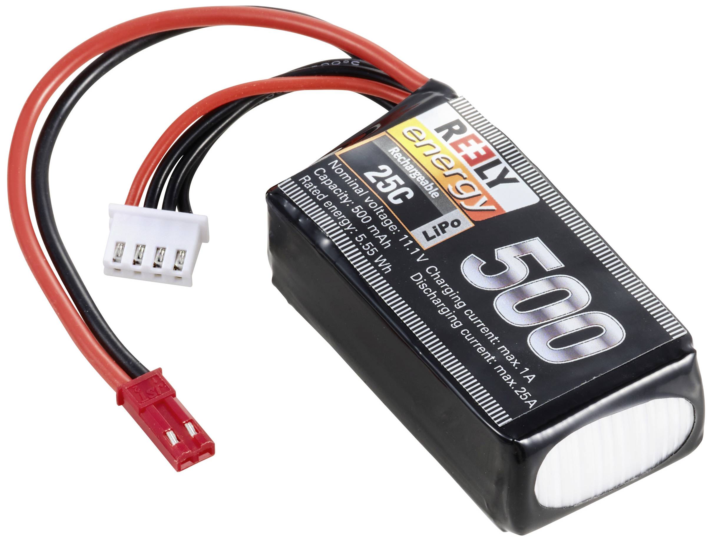 LiPo Akku 500mAh von Reely mit rotem JST-Stecker und balanciertem Anschlusskabel, geeignet für RC-Modelle. Maximale Ladestation 2,54A.
