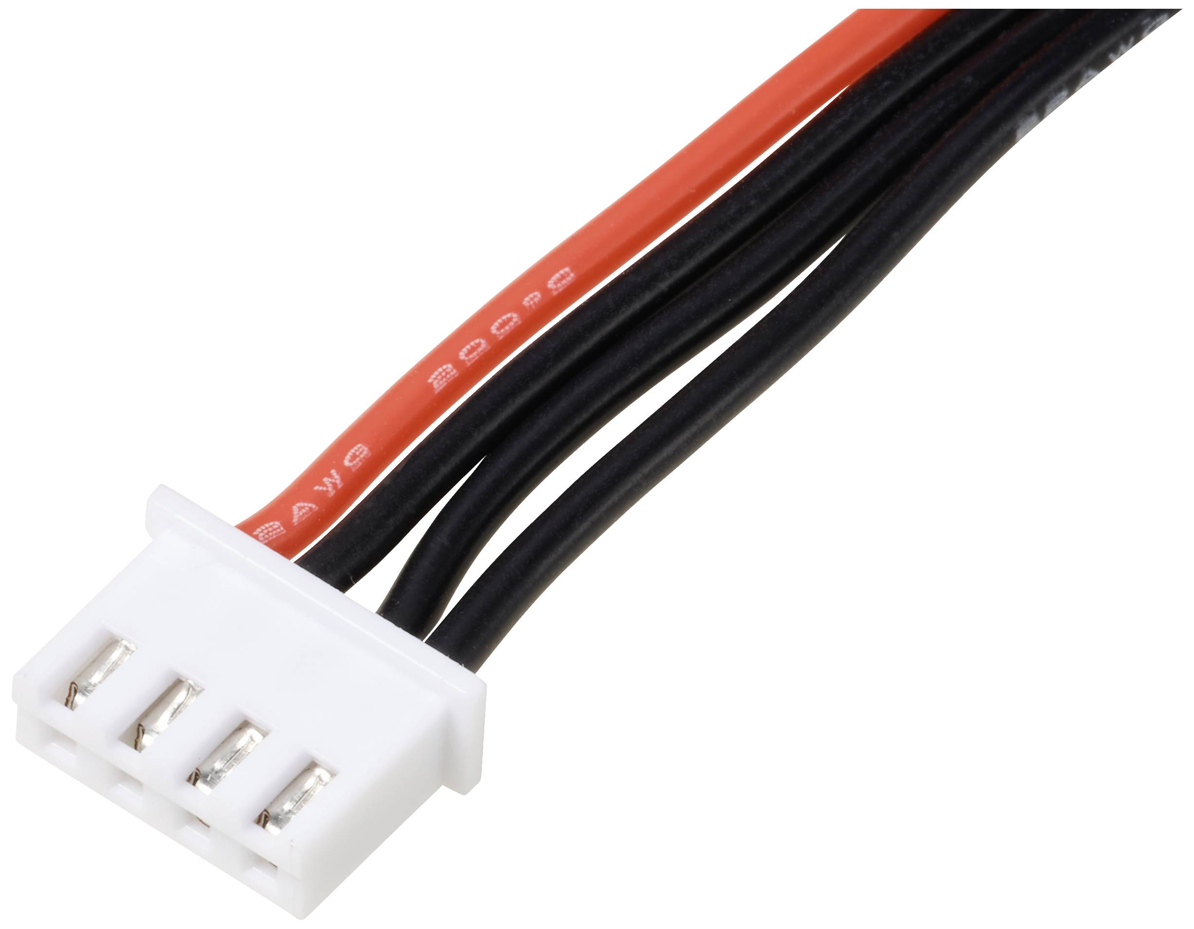 Weiße vierpolige Steckverbindung mit drei schwarzen und einem roten Kabel. Geeignet für Elektronik- und Verkabelungsanwendungen.