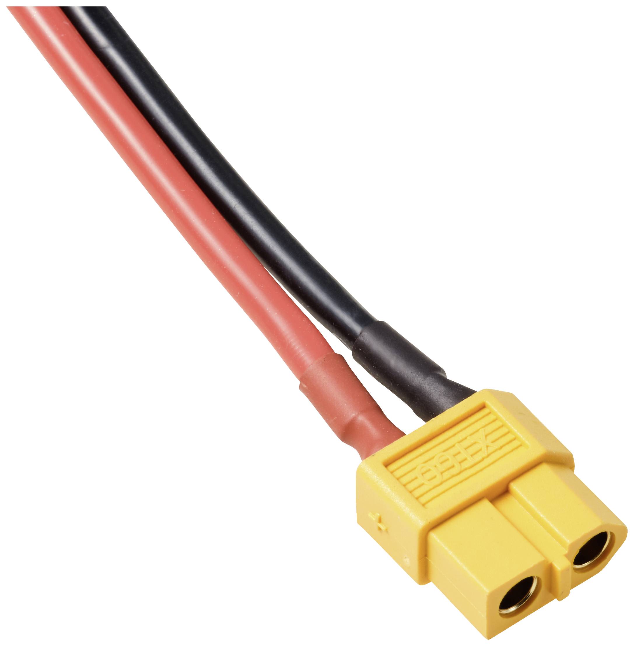 Gelb-schwarzer XT60-Stecker mit zwei Drähten, einem roten und einem schwarzen, zur Stromversorgung in RC-Modellen oder Drohnen.