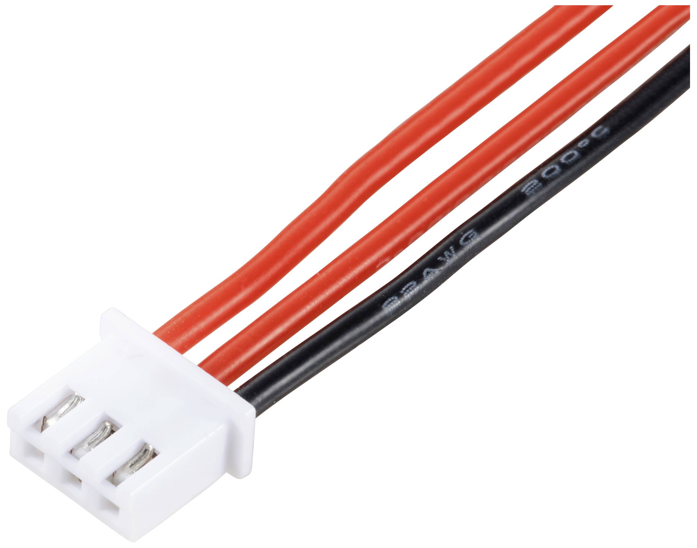 Ein weißer, dreipoliger Steckverbinder mit zwei roten und einem schwarzen Kabel.