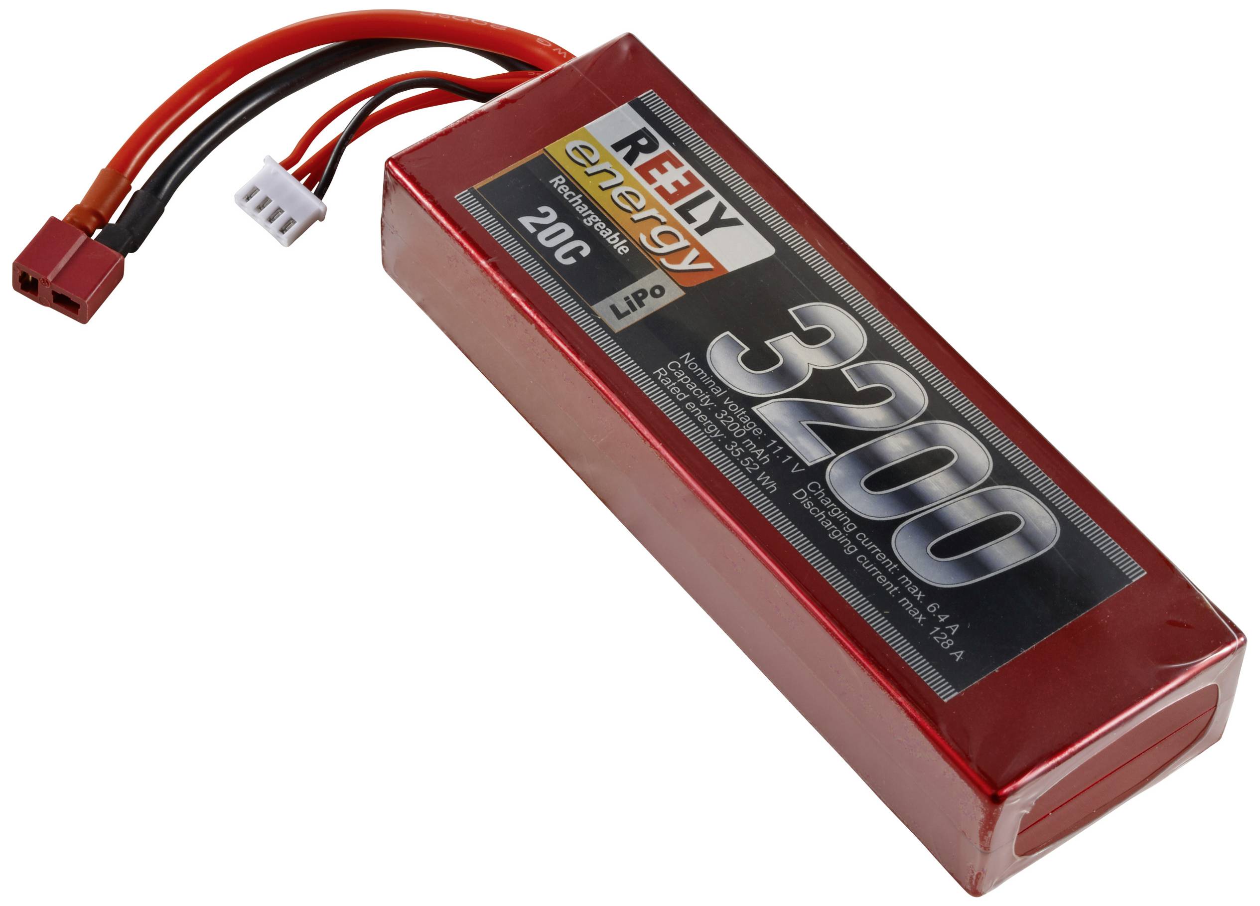 Ein roter LiPo-Akku von Reely mit einer Kapazität von 3200 mAh und einer Entladerate von 20C. Der Akku hat zwei Anschlusskabel.