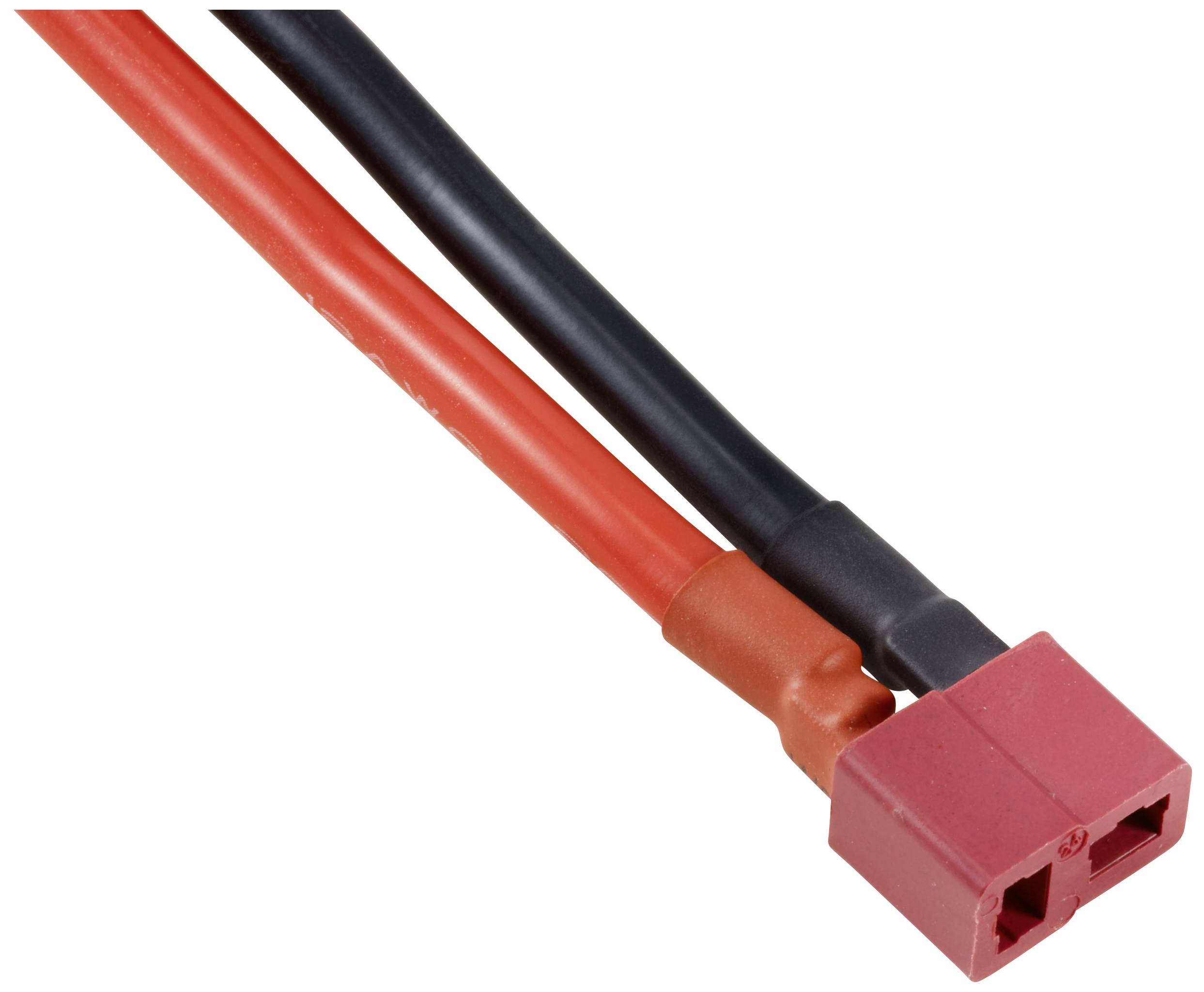 Zwei elektrische Kabel, eins rot und eins schwarz, verbunden mit einem roten Stecker.