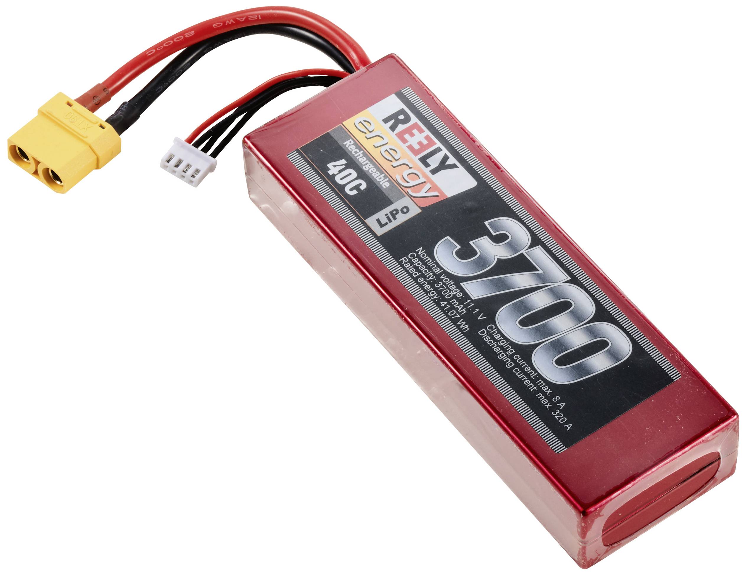 Ein roter LiPo-Akku mit der Aufschrift '3700 mAh' und '40C' von Reely, mit gelbem und weißen Anschlussstecker.