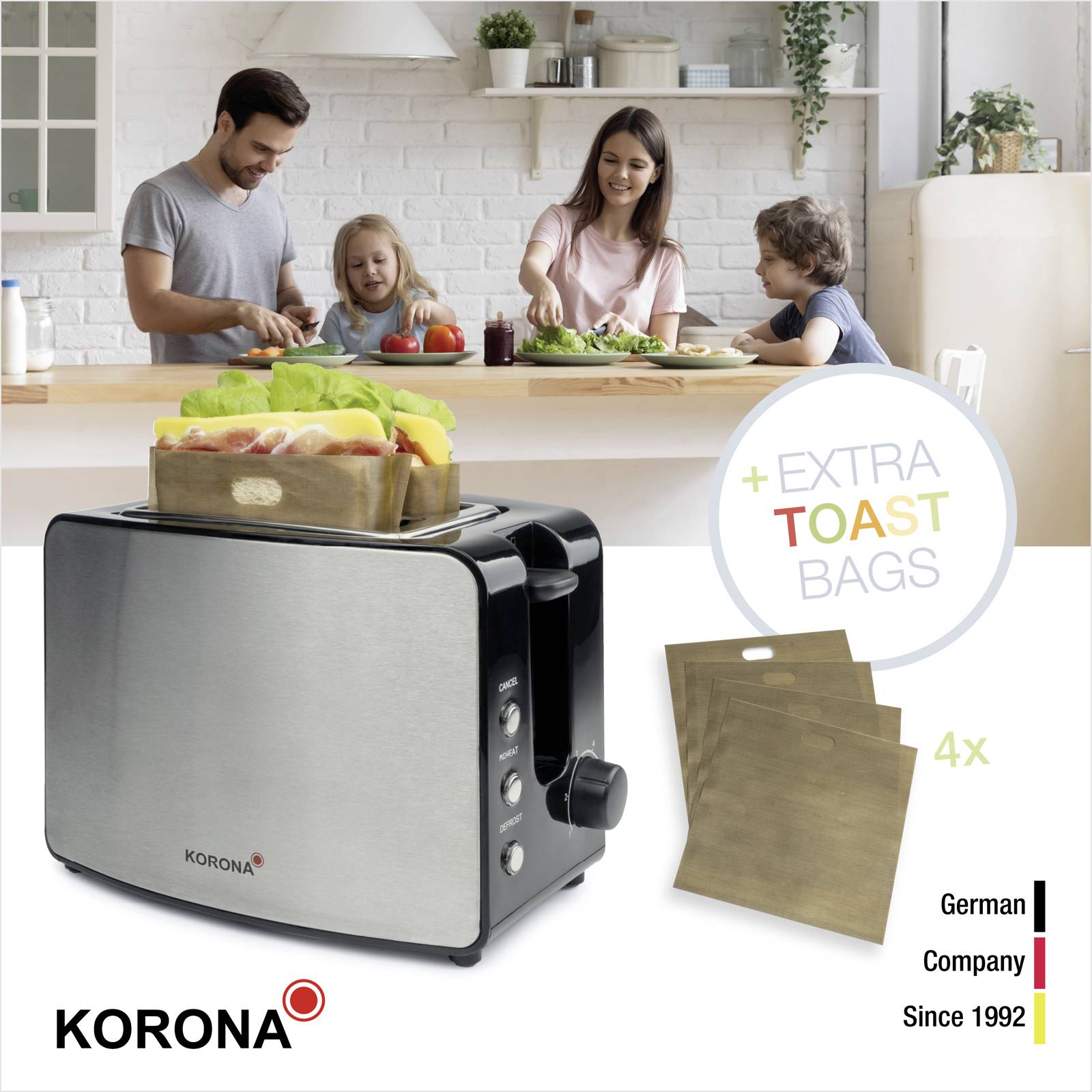 Die Abbildung zeigt eine Familie, die gemeinsam am Tisch sitzt. Im Vordergrund steht ein Edelstahl-Toaster mit Toasttüten.