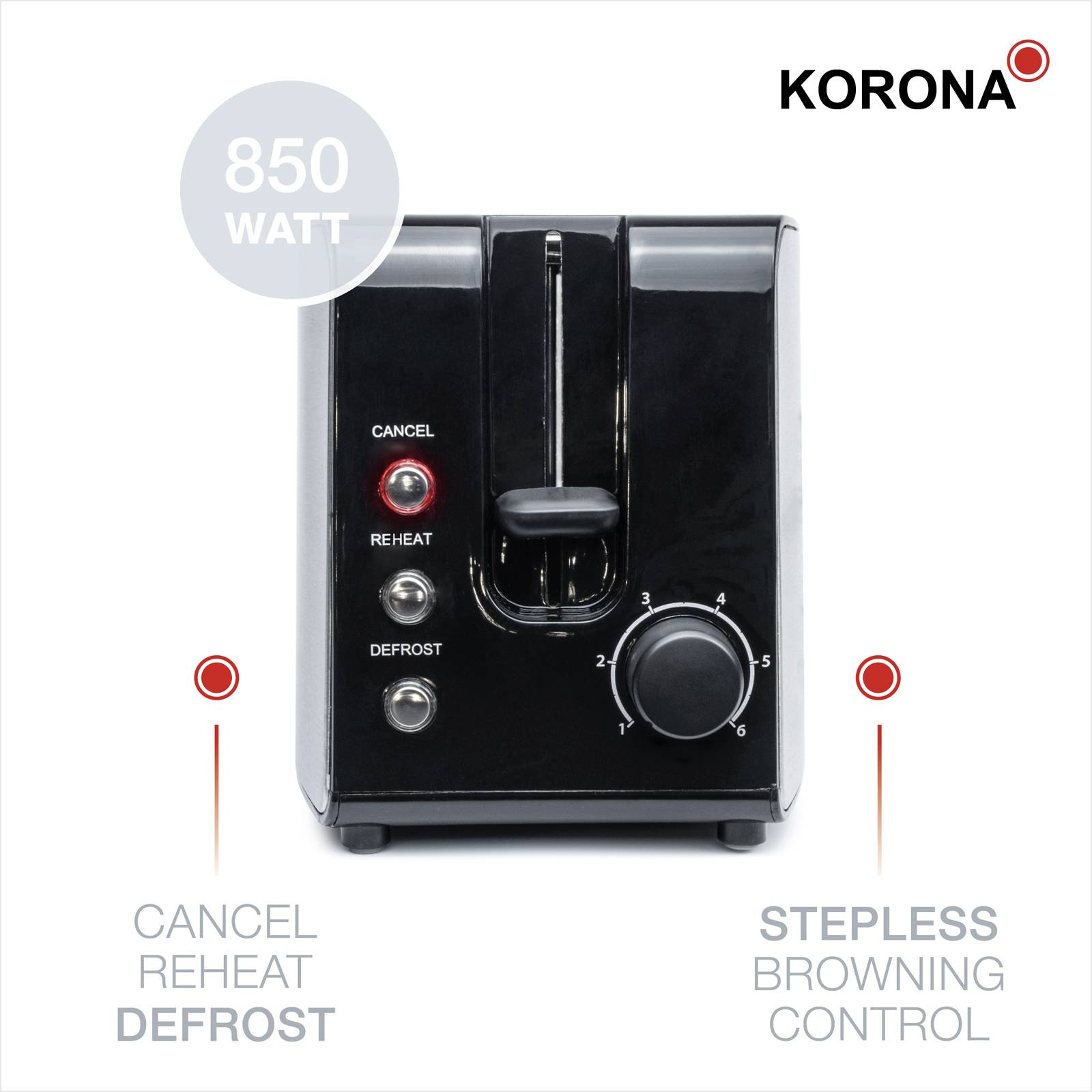 Schwarzer Toaster mit zwei Schlitzen, Marke Korona, 850 Watt. Funktionen: Abbrechen, Aufwärmen, Auftauen. Stufenlose Bräunungskontrolle.
