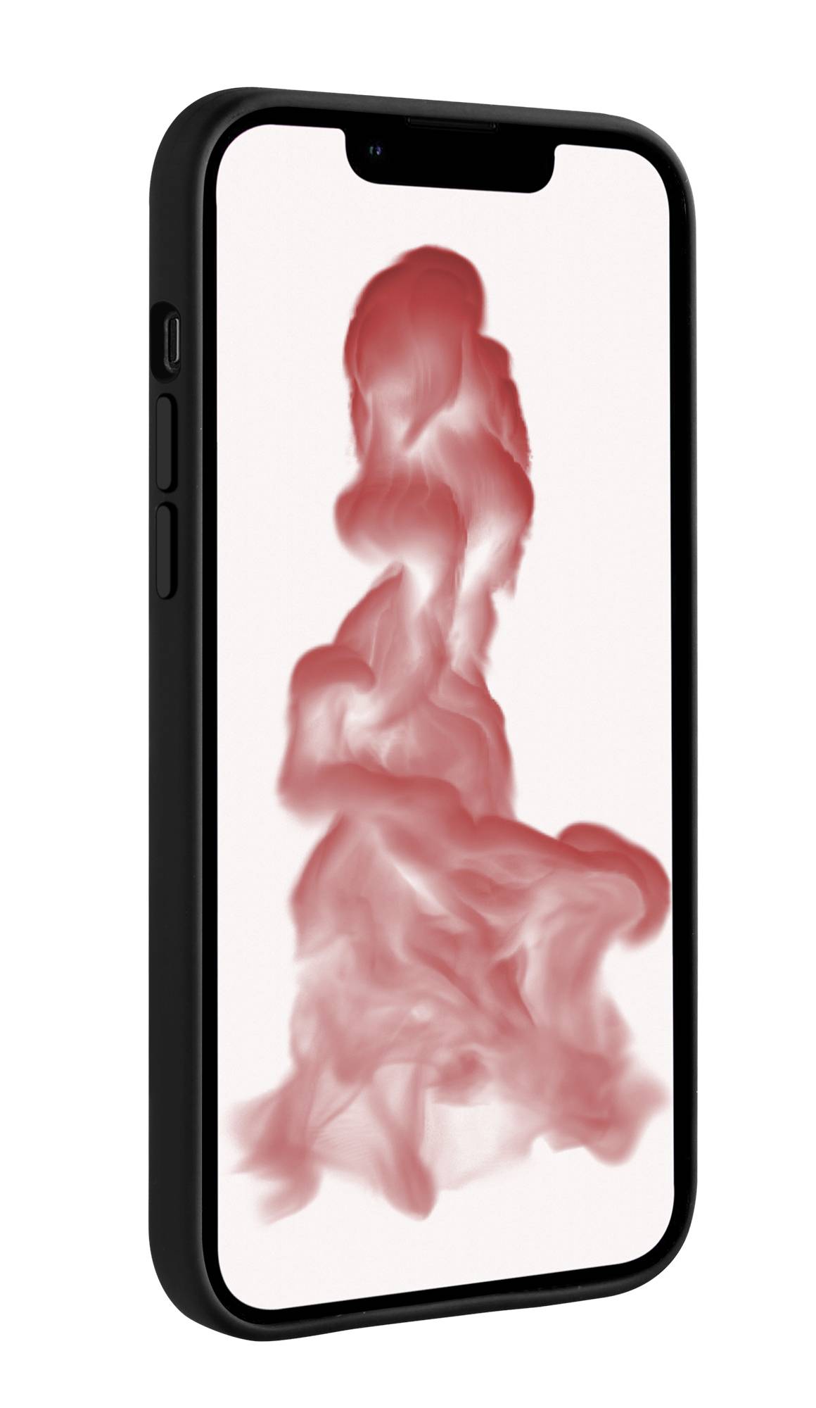 Ein Smartphone mit einem weißem Display zeigt eine rote, abstrakte Wolkenformation.