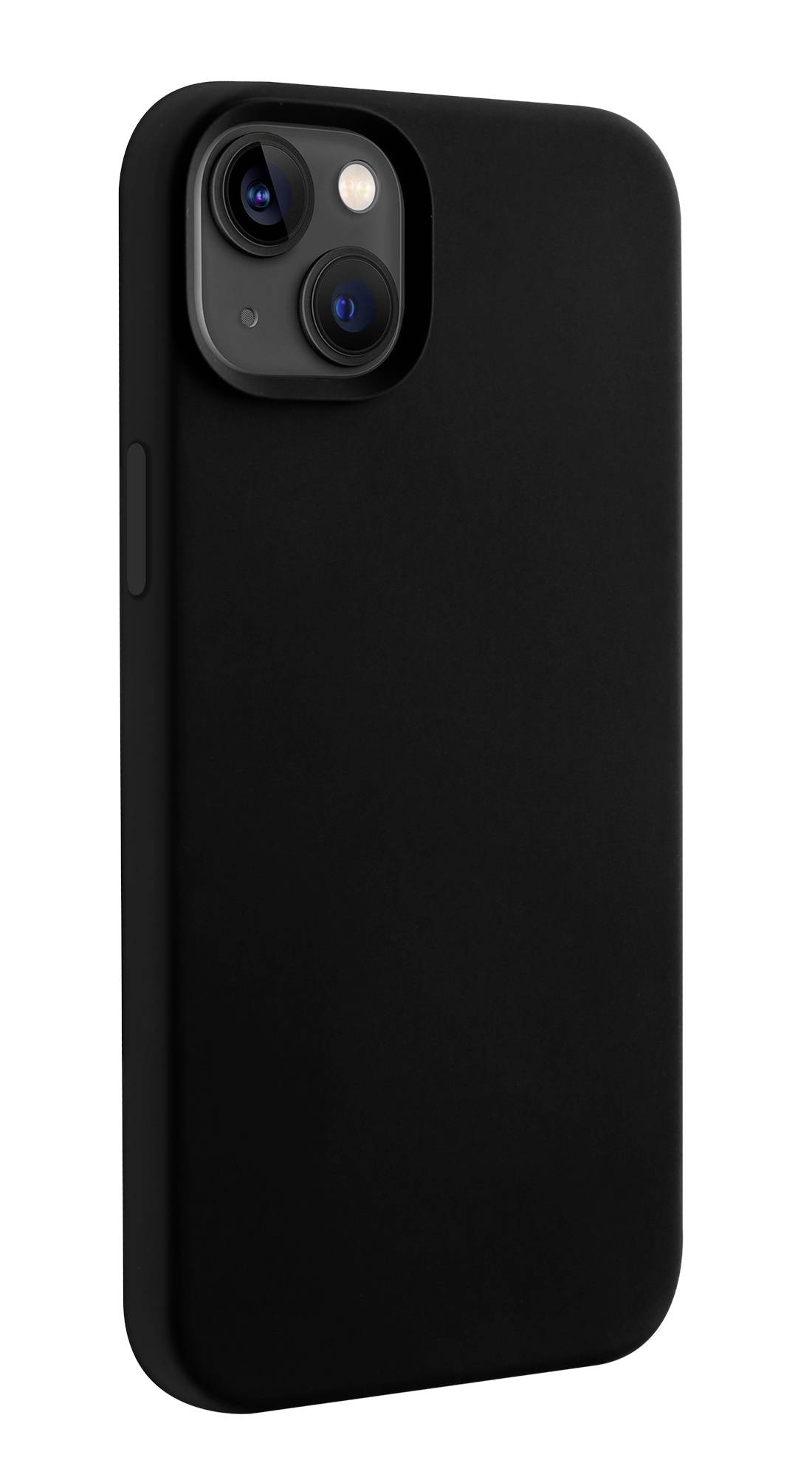 Schwarzes Smartphone in einer schlichten, schwarzen Hülle, Rückansicht mit Kamera sichtbar.