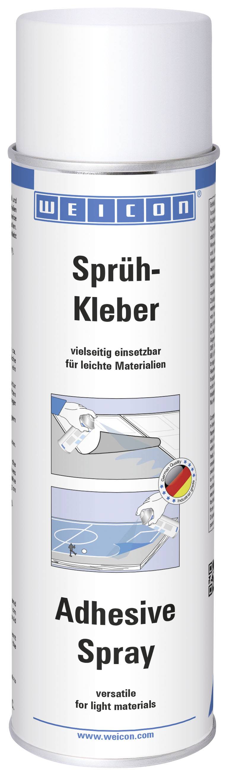 Sprühdose Kleber mit blauer Kappe. Aufschrift: 'Sprüh-Kleber, vielseitig einsetzbar für leichte Materialien'. Zwei Anwendungsbilder.