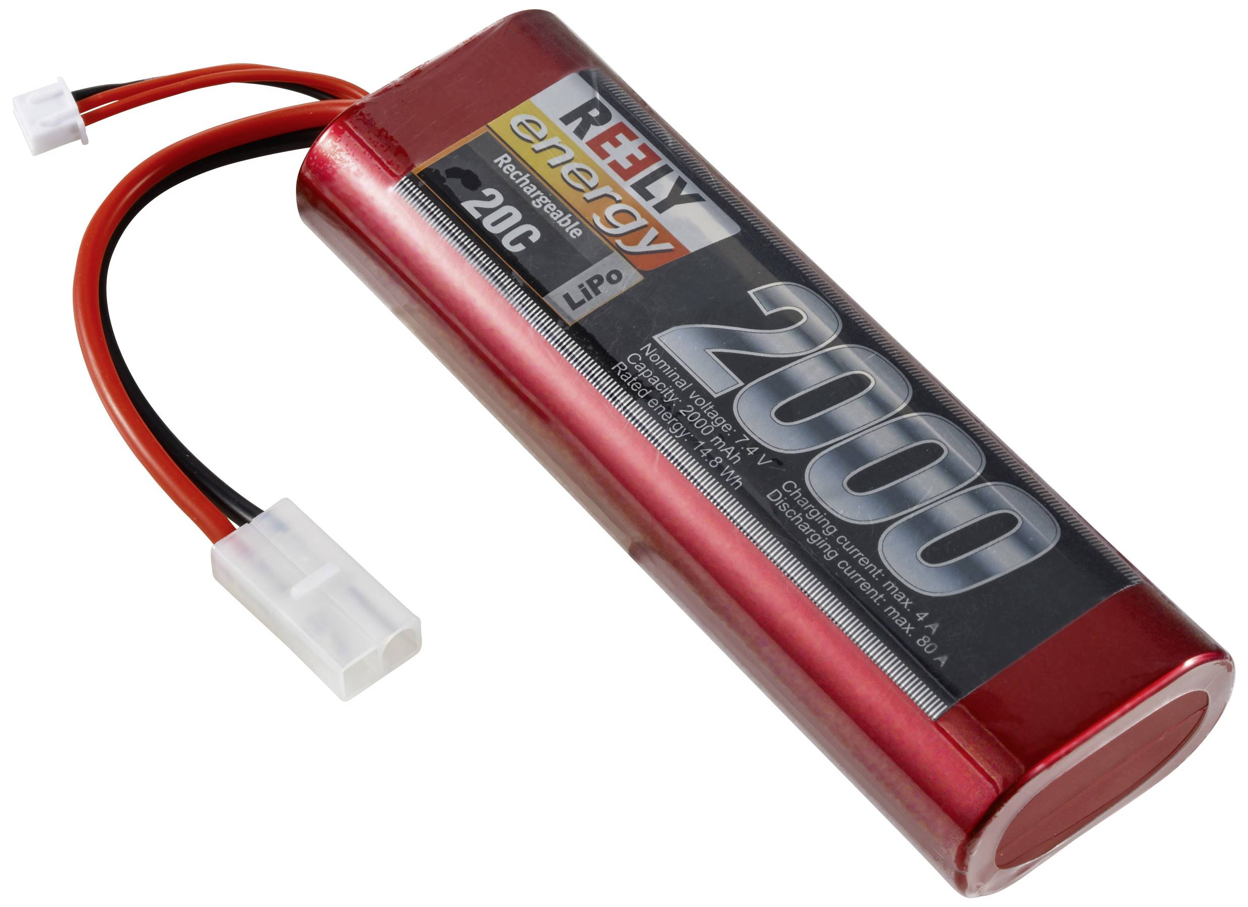 Rote LiPo-Batterie mit 2000 mAh Kapazität und 20C Entladerate, zwei Kabel mit weißem Anschluss. Geeignet für Modellbauanwendungen.