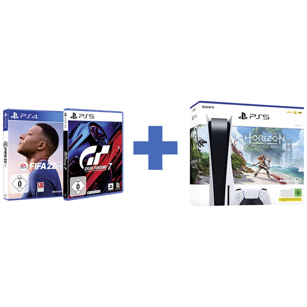Sony Playstation® 5 Disc-Edition inkl. PS5 Gran Turismo 7,
PS4 FIFA 22,
PS5 Horizon Forbidden West (nur als Download Code enthalten)