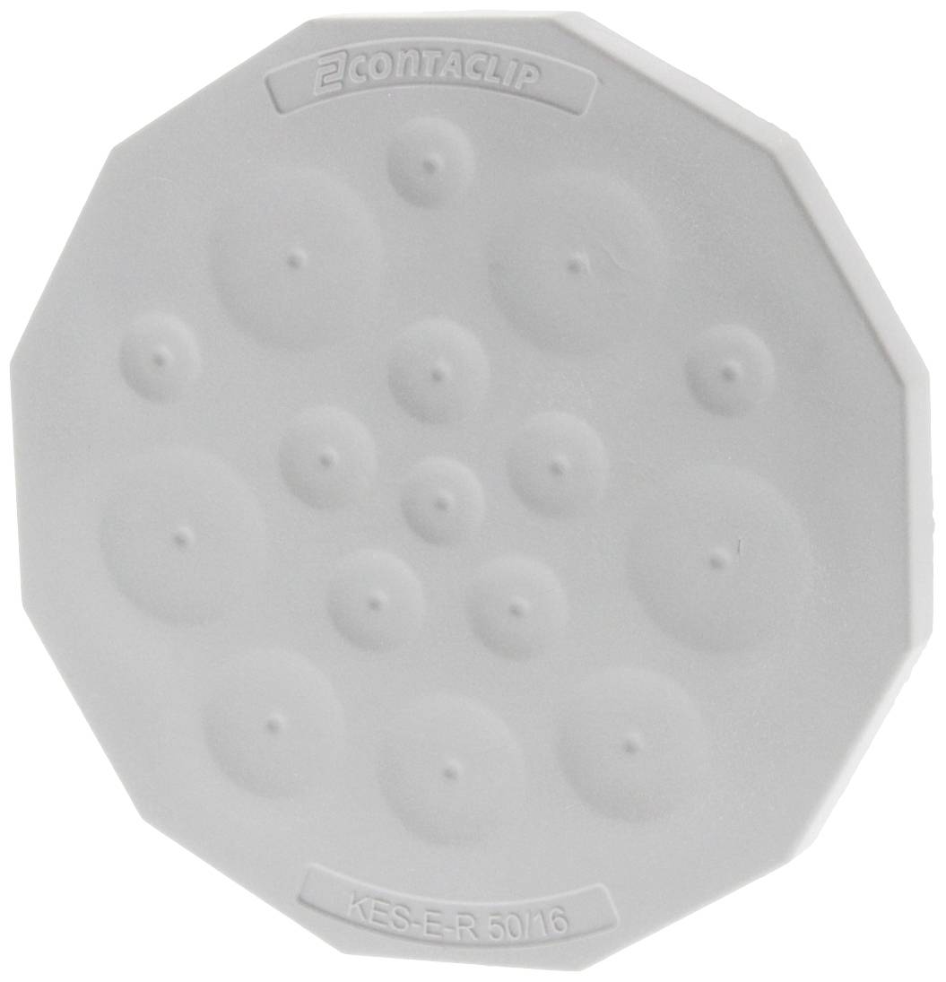 Graues, rundes Kunststoffteil mit erhobenen Kreisen und der Beschriftung 'CONTA-CLIP KES-E-R 50/16'.