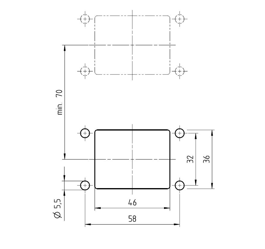 Technische Zeichnung eines rechteckigen Objekts mit Abmessungen: Breite 58 mm, Höhe 70 mm, Bohrung Ø 5,5 mm. Entfernungen markiert.