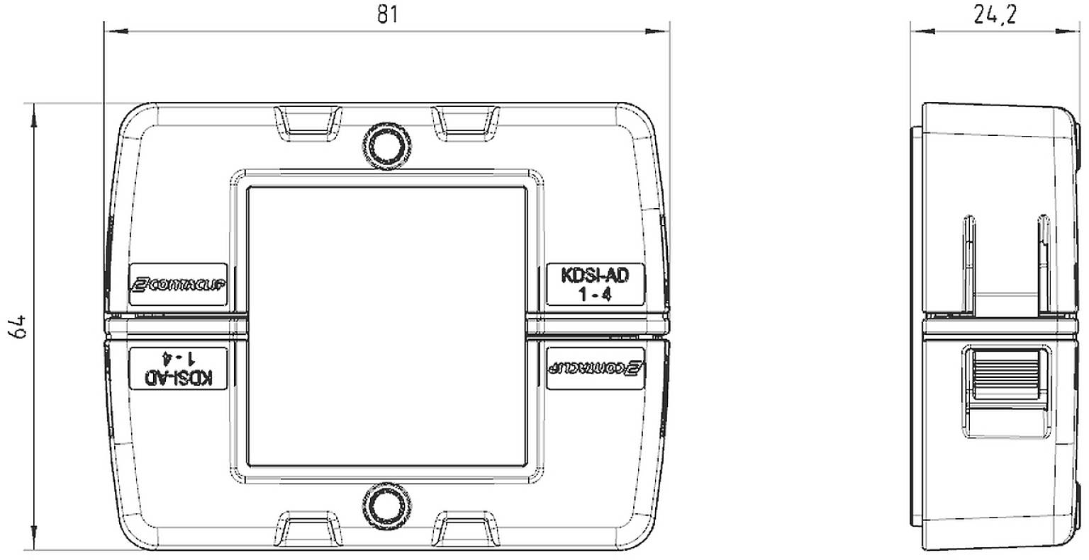 Technische Zeichnung eines rechteckigen elektronischen Moduls mit Beschriftungen 'KDSI-AD 1-4'. Maße: 81 x 74 x 24,2 mm.