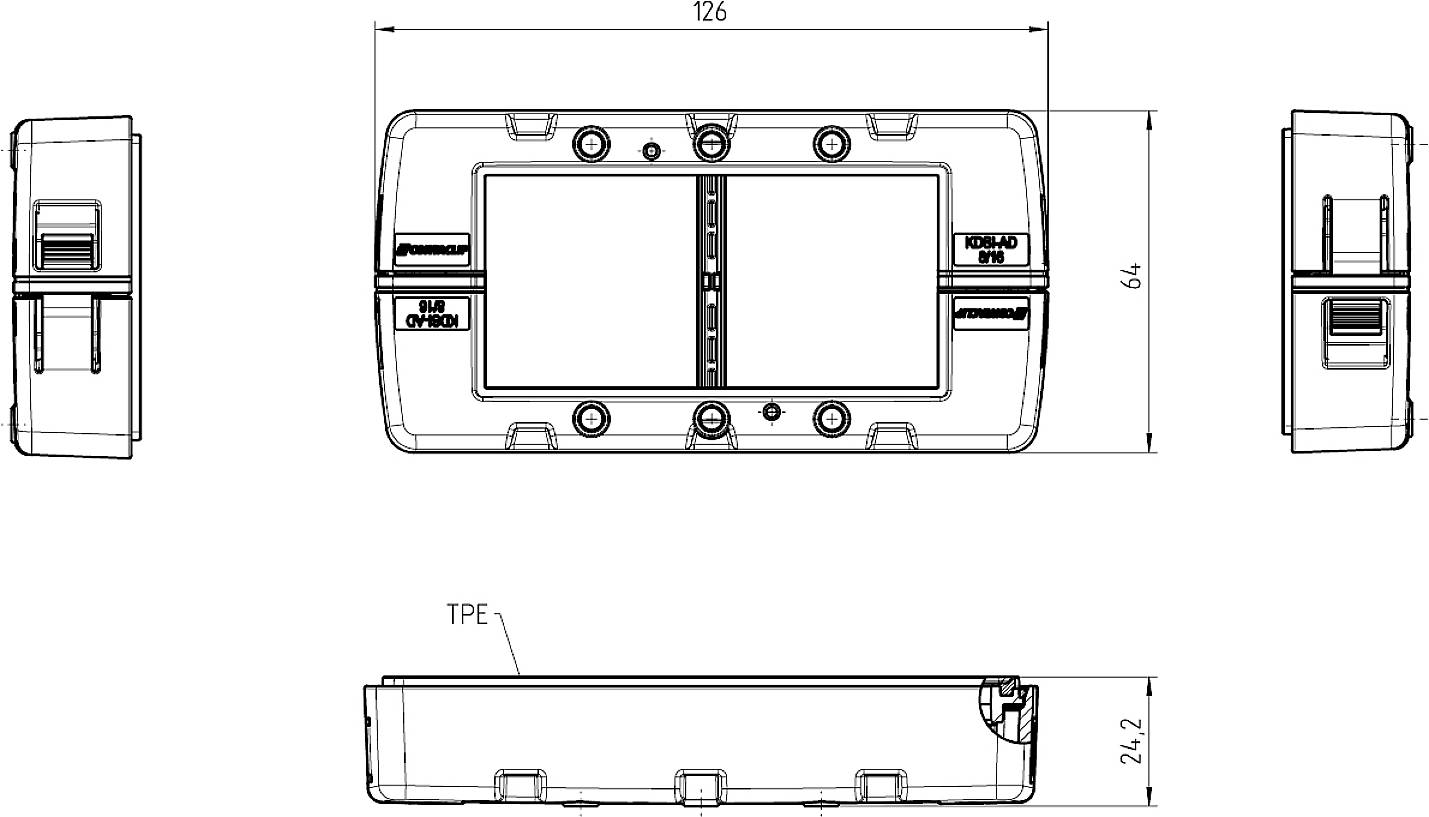 Technische Zeichnung eines rechteckigen Bauteils mit Abmessungen: 126 mm x 64 mm x 21,2 mm. Zeigt Ansichten von oben, vorne und seitlich.