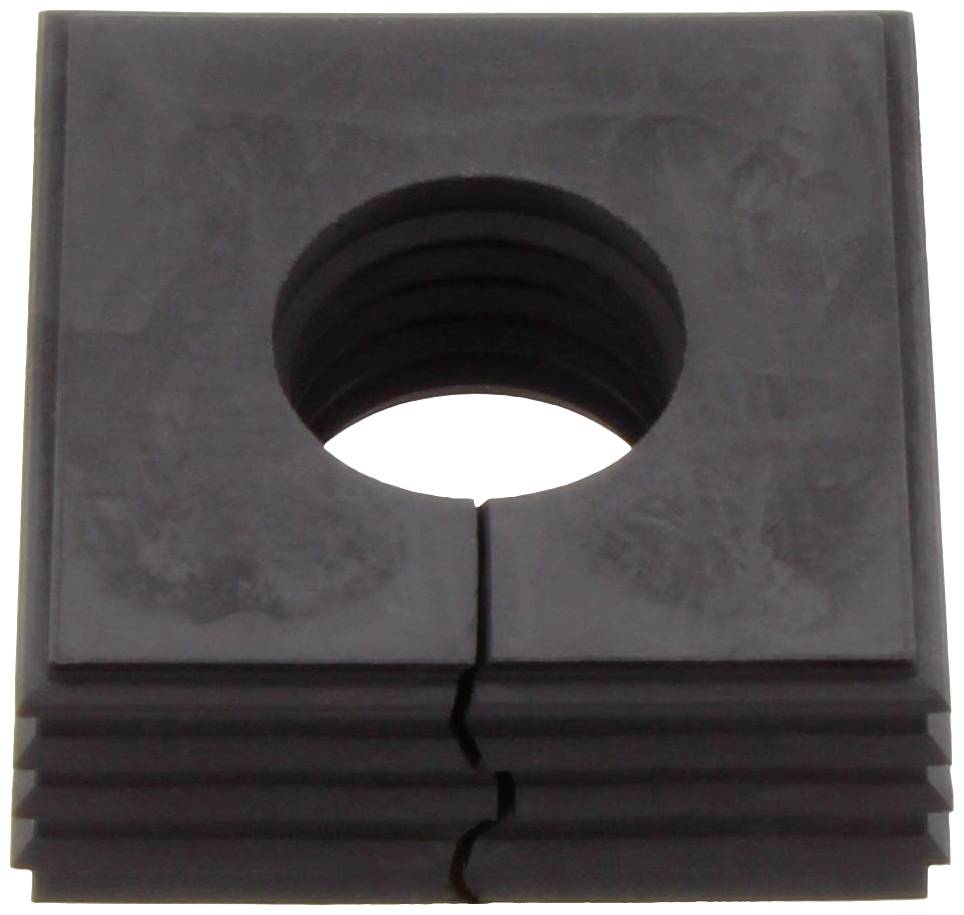 Ein quadratischer, dunkler Kunststoffblock mit einer großen, runden Öffnung in der Mitte und Rillen an den Seiten.
