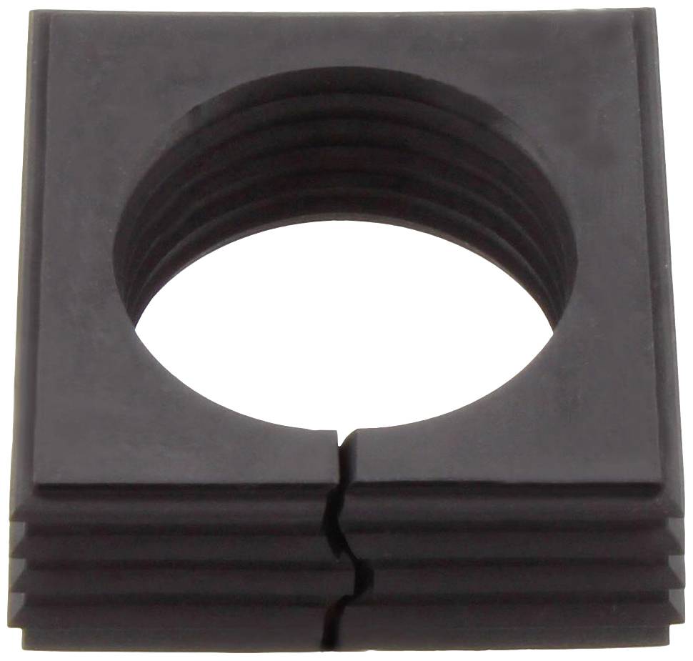 Quadratischer, schwarzer Kunststoffring mit zentraler, runder Öffnung und gerillten Kanten; verwendet als Dichtung oder Abstandshalter.