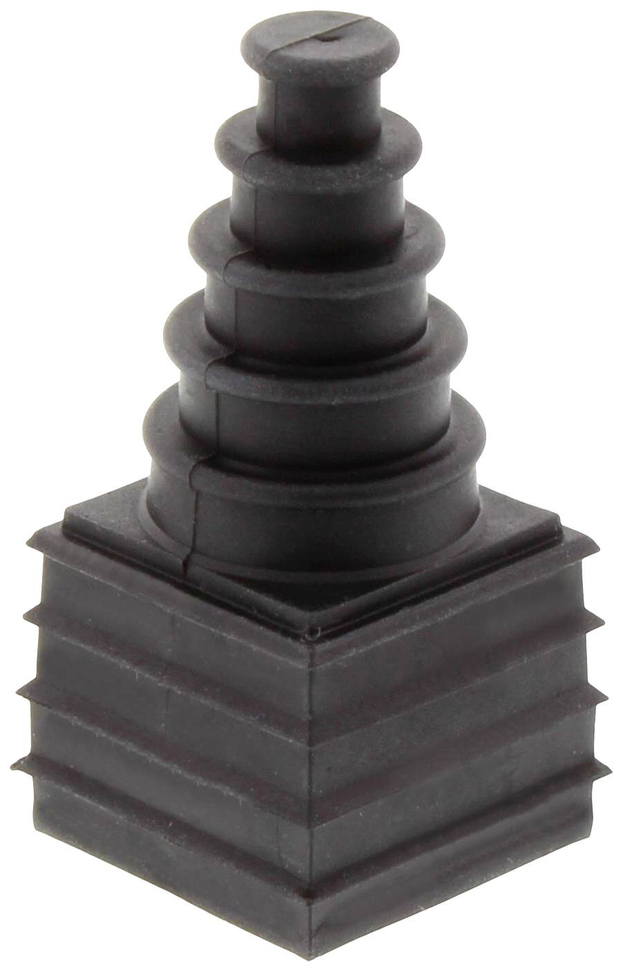 Ein schwarzer, abgestufter Dichtungskragen aus Gummi, der zylindrisch beginnt und in quadratischer, gestufter Form endet.