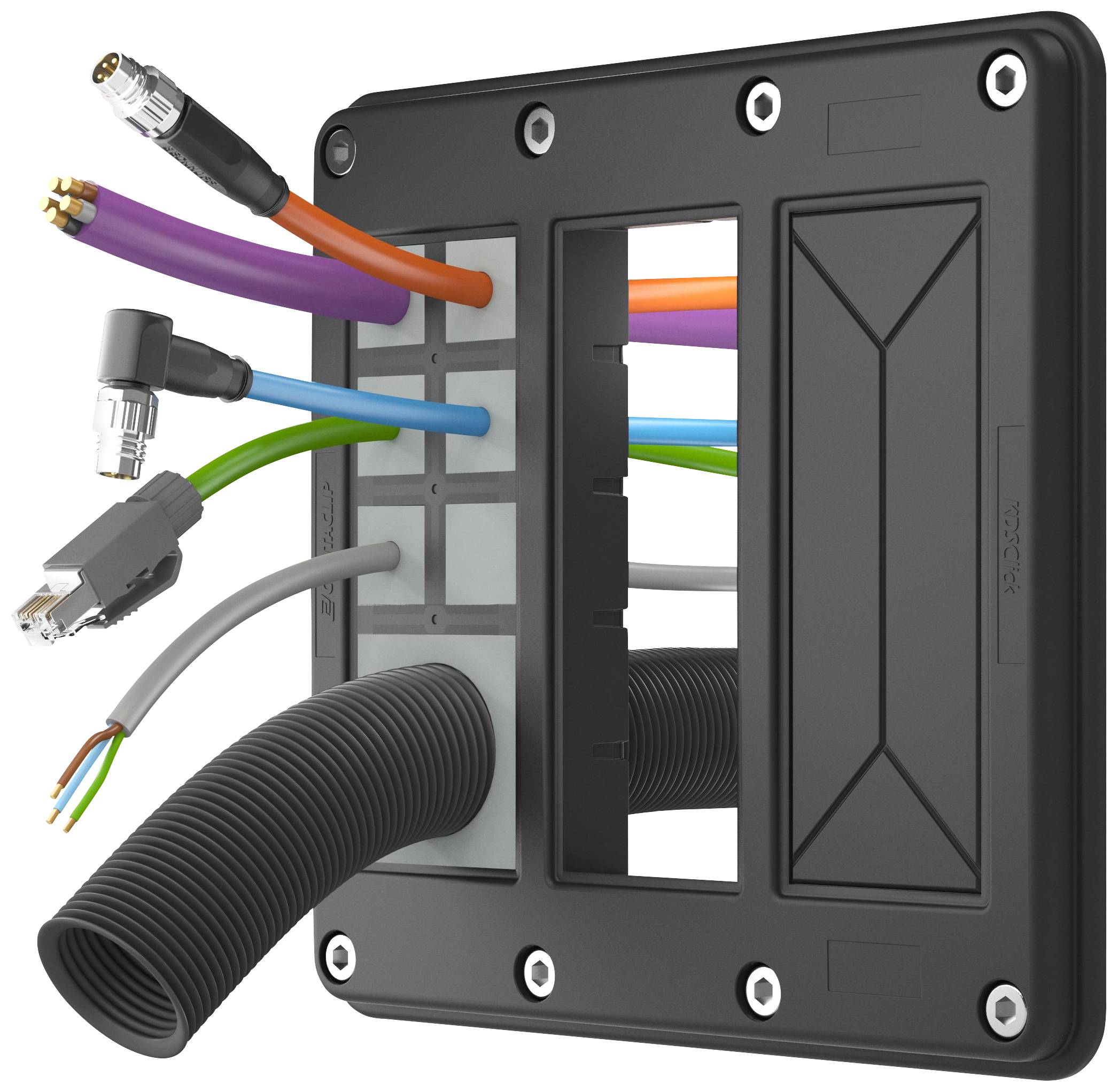 Kabeldurchführungssystem in rechteckigem Rahmen mit mehreren Kabeln und Schläuchen verschiedener Farben und Anschlüsse, die durch separate Öffnungen geführt sind.