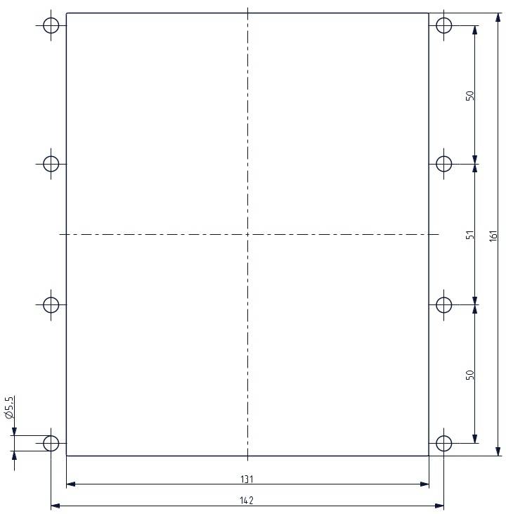 Technische Zeichnung eines rechteckigen Bauteils mit Maßen: Breite 131 mm, Höhe 142 mm. Löcher an Ecken, Abstände 50 mm.