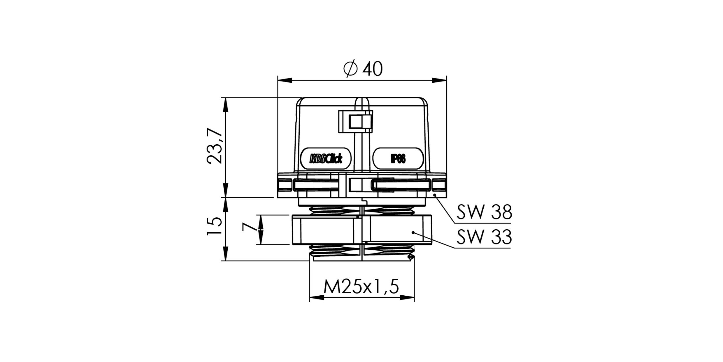 Technische Zeichnung eines Druckknopfschaltergehäuses: Durchmesser 40 mm, Gewinde M25x1,5, SW 38 und SW 33, Höhe 23,7 mm.