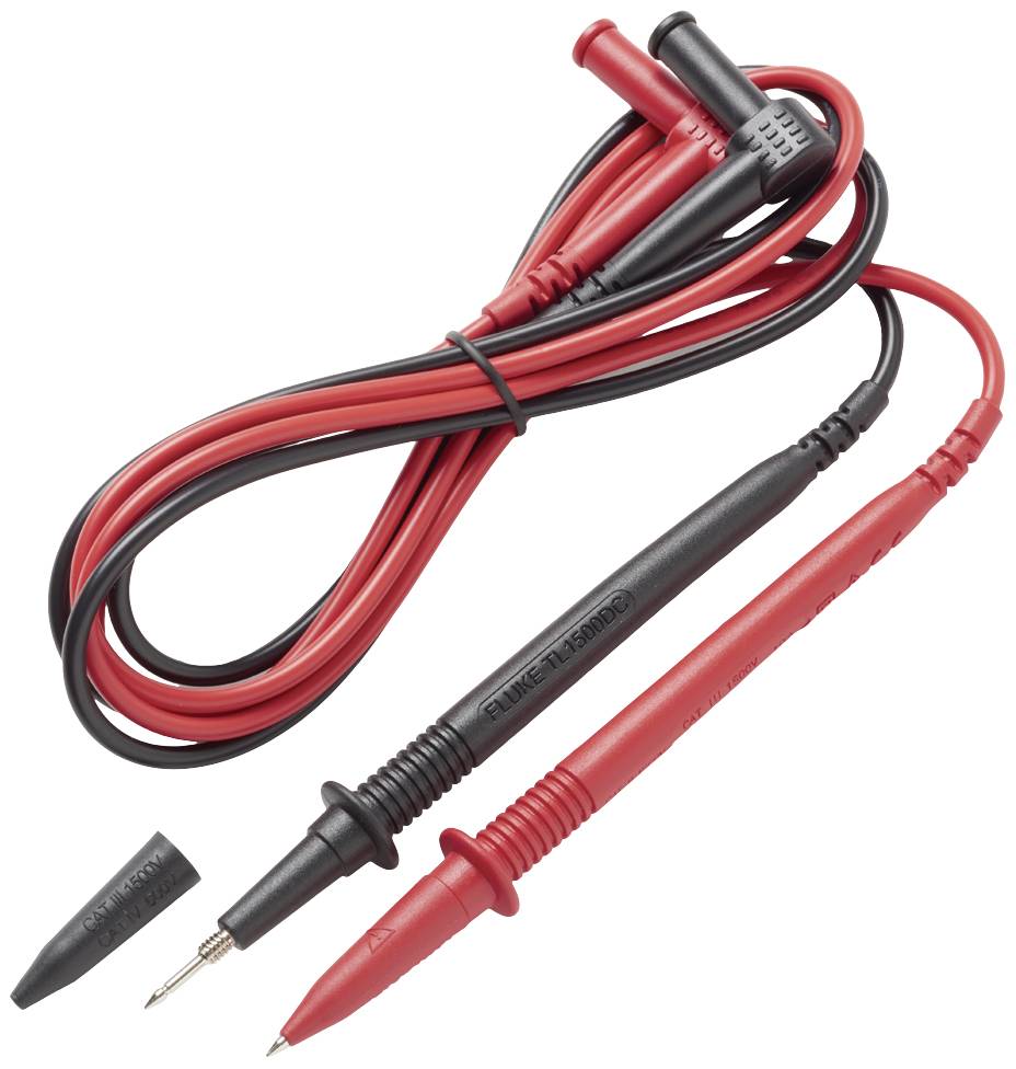 Rote und schwarze Prüfspitzen mit Kabel, verwendet für Multimeter. Das rote Kabel wird für positive, das schwarze für negative Messungen verwendet.