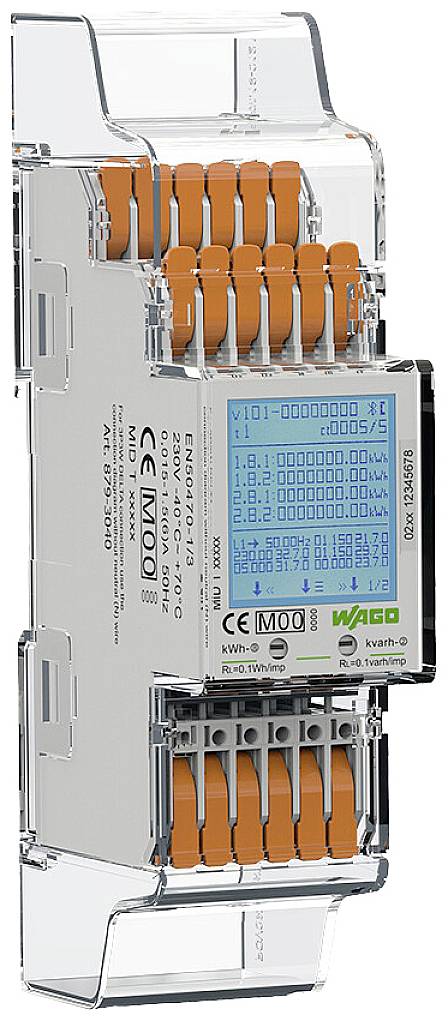 Ein elektronisches Gerät mit transparentem Gehäuse und orangefarbenen Anschlüssen. Es hat ein digitales Display mit Zahlen und Symbolen.