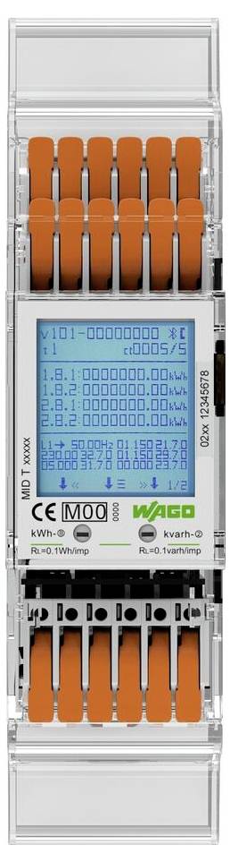 Digitaler Stromzähler mit orangefarbenen Kontakten und blauem Display, zeigt Stromverbrauchsinformationen in kWh an.