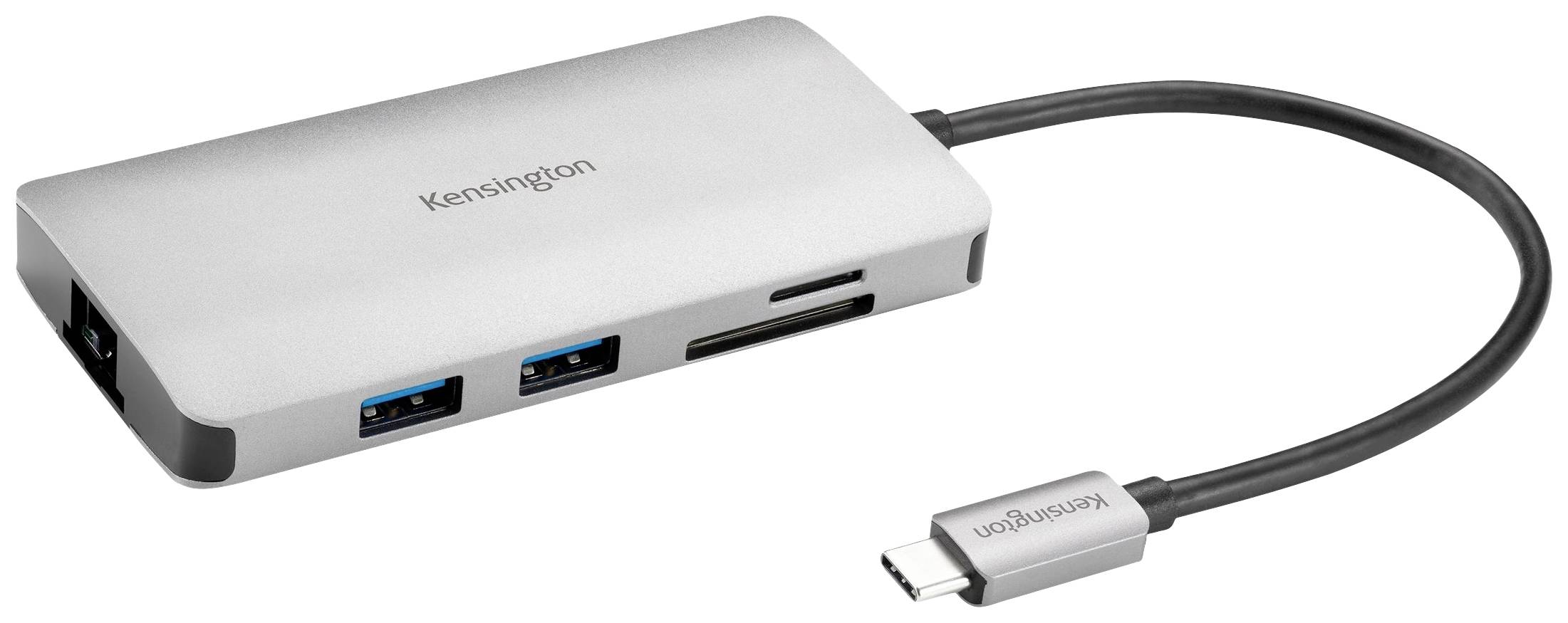 Ein silberner USB-C-Hub mit mehreren Anschlüssen, darunter zwei USB-Anschlüsse, ein SD-Kartensteckplatz und ein HDMI-Anschluss.