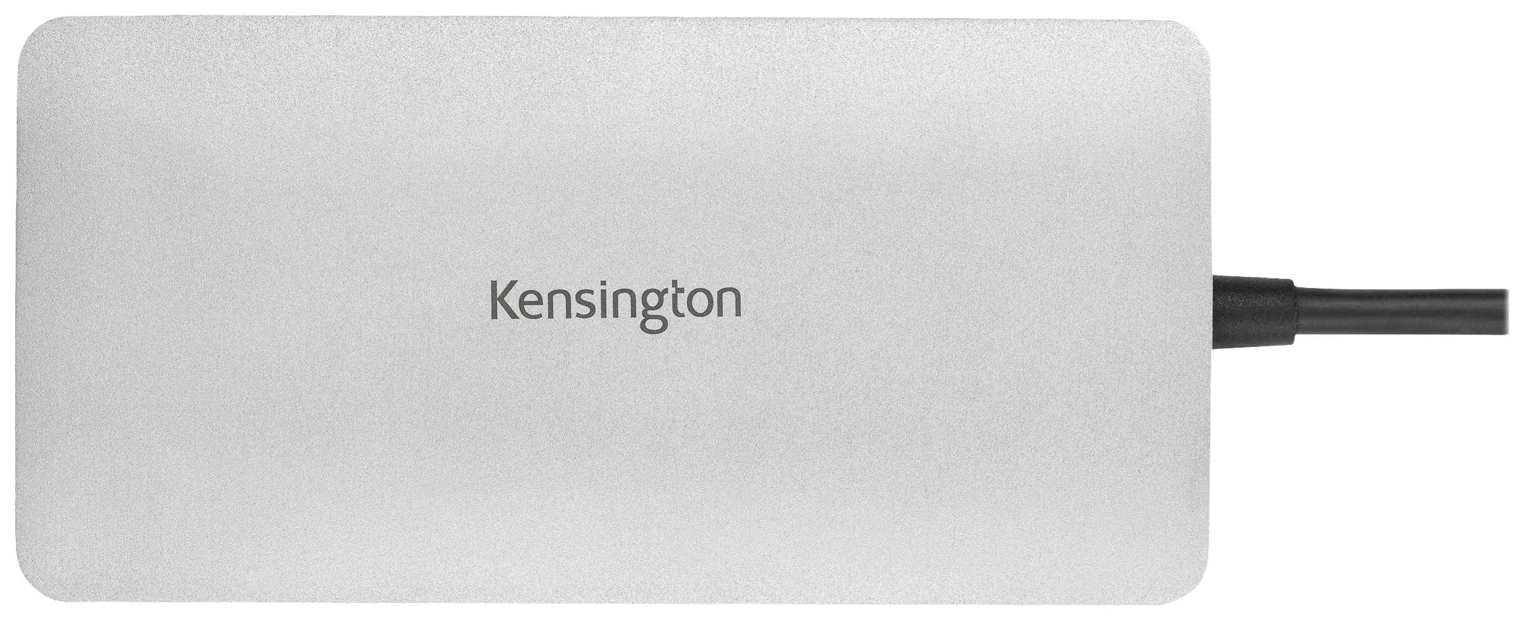 Silbernes Kensington-Gerät mit Kabelanschluss, vermutlich eine Festplatte oder ein elektronisches Zubehör.