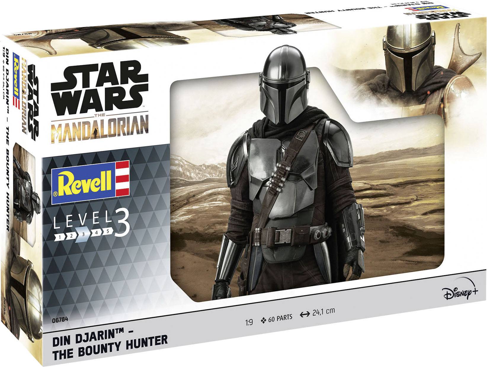 Verpackung eines Revell Level 3 Modellbausatzes 'Din Djarin - The Bounty Hunter' aus 'Star Wars: The Mandalorian', mit 19 Teilen.