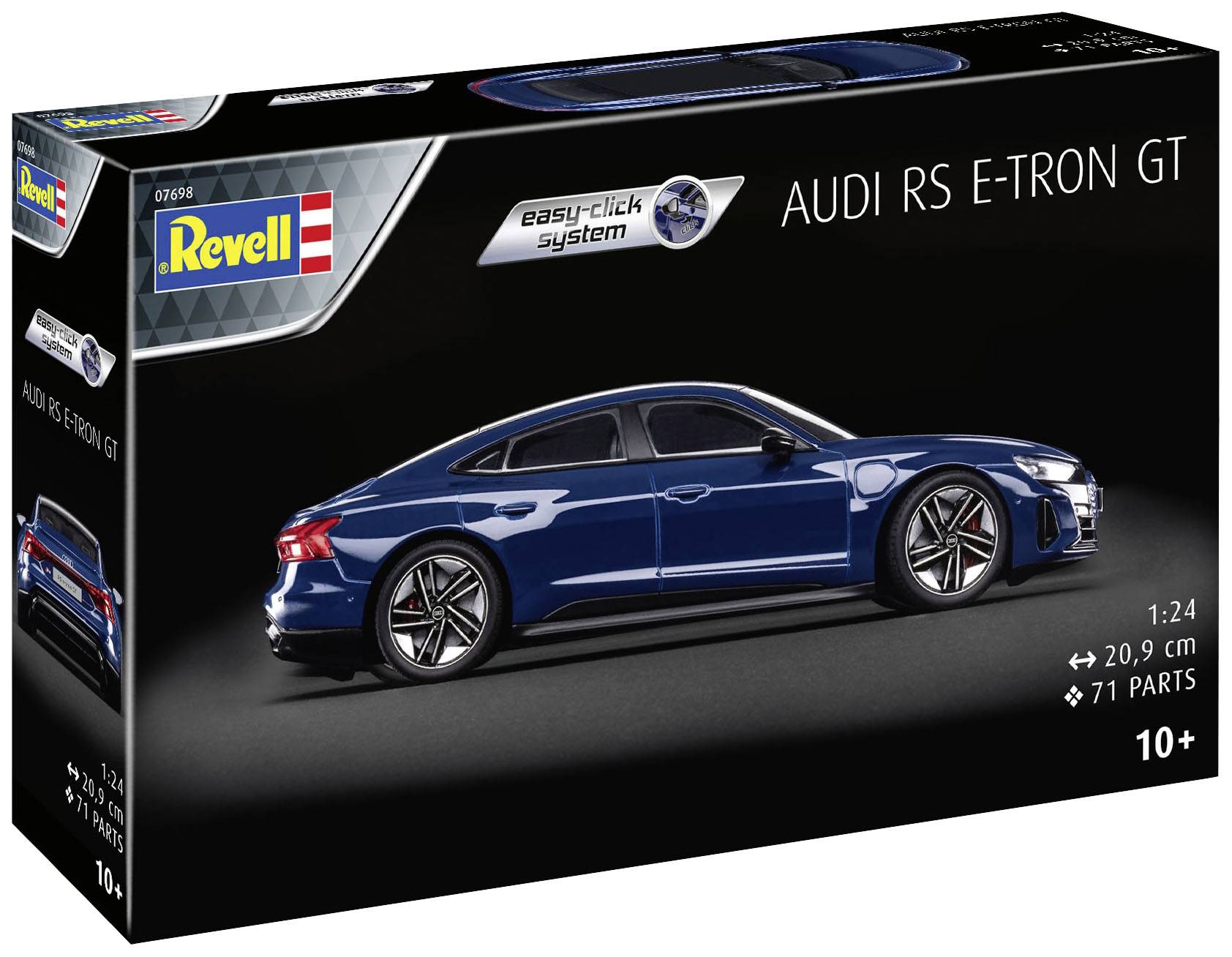 Modellautobausatz 'Audi RS e-tron GT' von Revell, Maßstab 1:24, Länge 20,9 cm, 71 Teile, ab 10 Jahren geeignet.