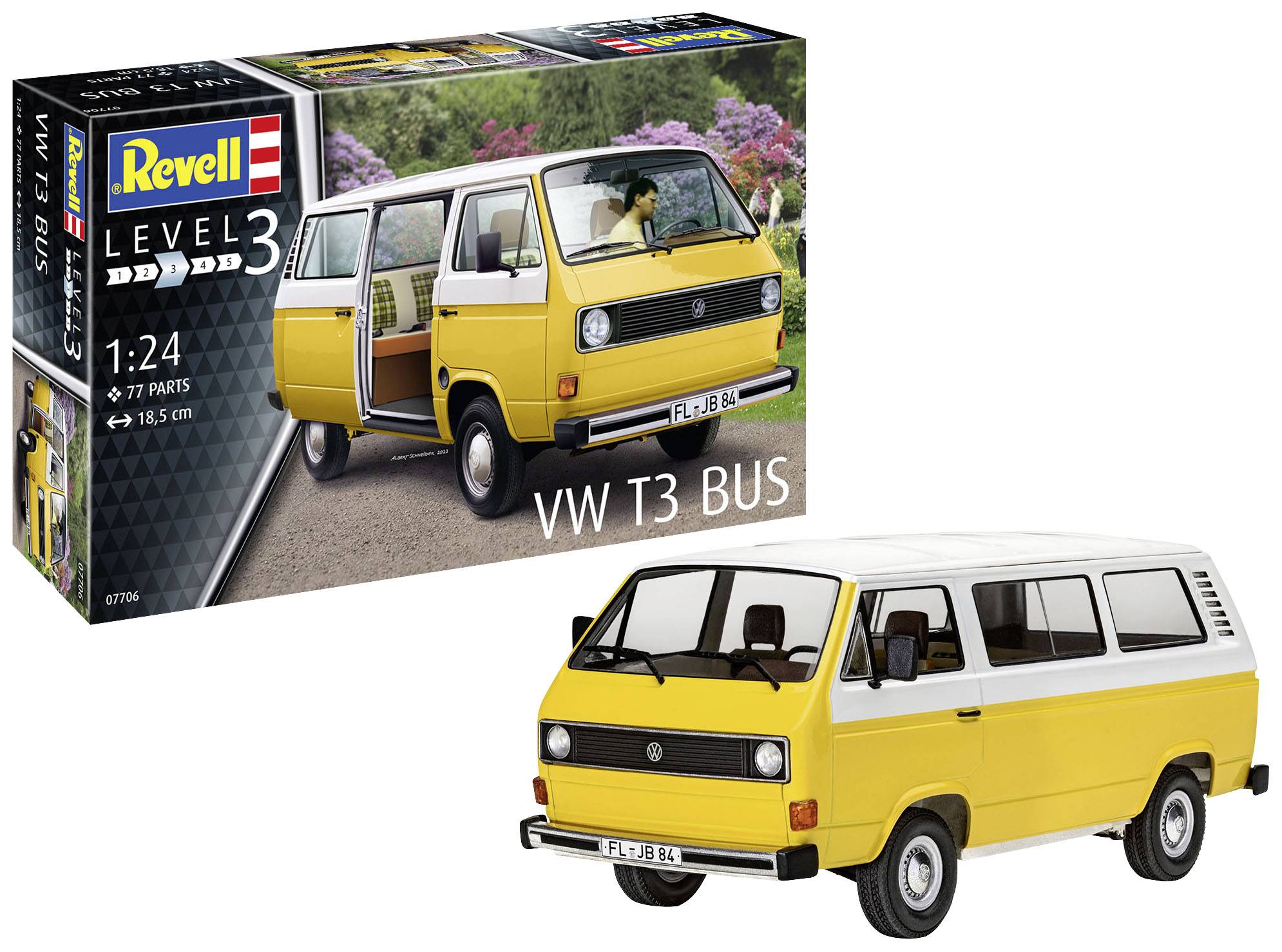 Modellbausatz eines gelben VW T3 Busses von Revell. Abbildung zeigt den zusammengebauten Bus und die Verpackung des Sets mit Level 3.