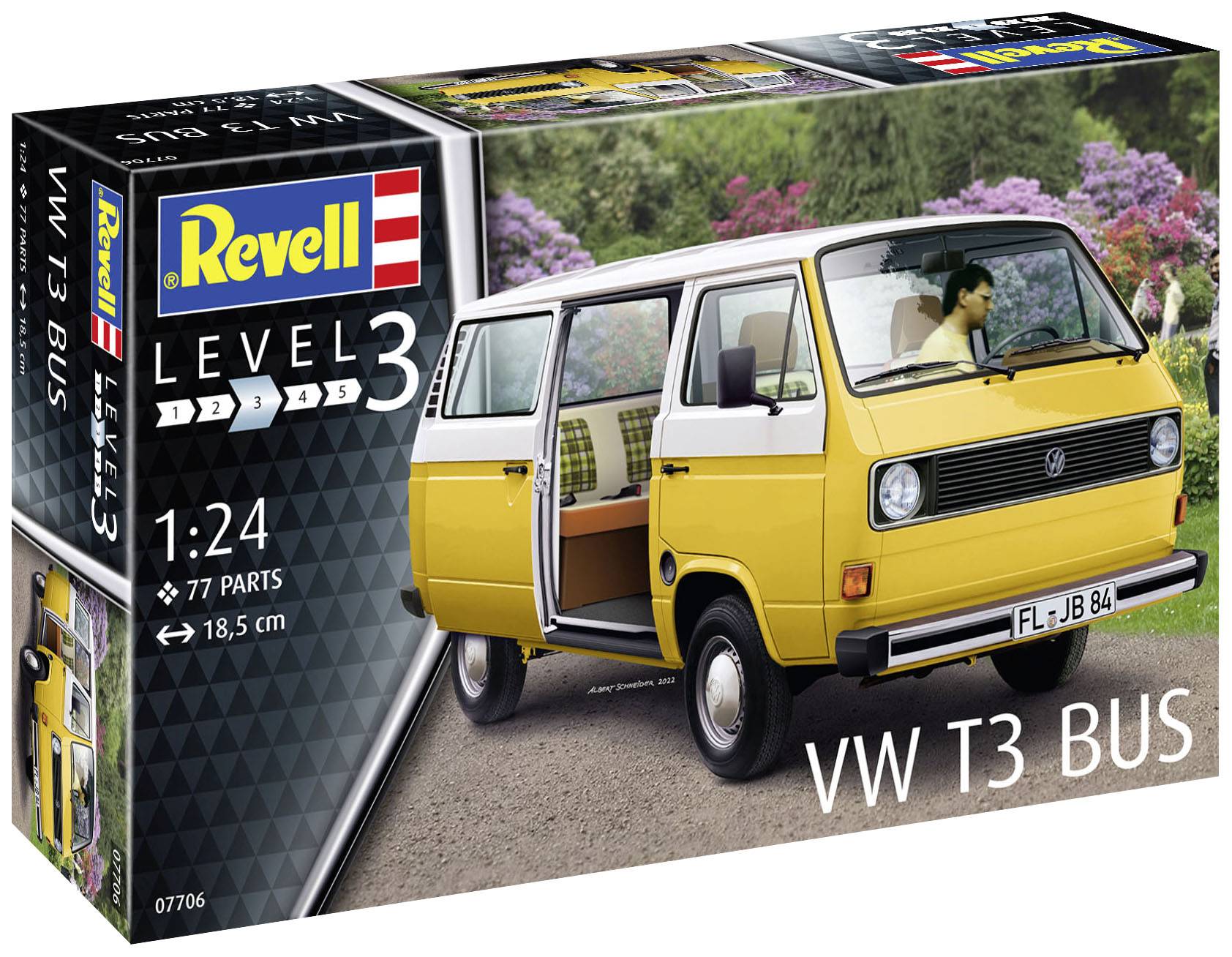 Revell Modellbausatz VW T3 Bus, Maßstab 1:24, Level 3, 77 Teile, Fahrzeug in Gelb mit offenem Fahrerbereich abgebildet.
