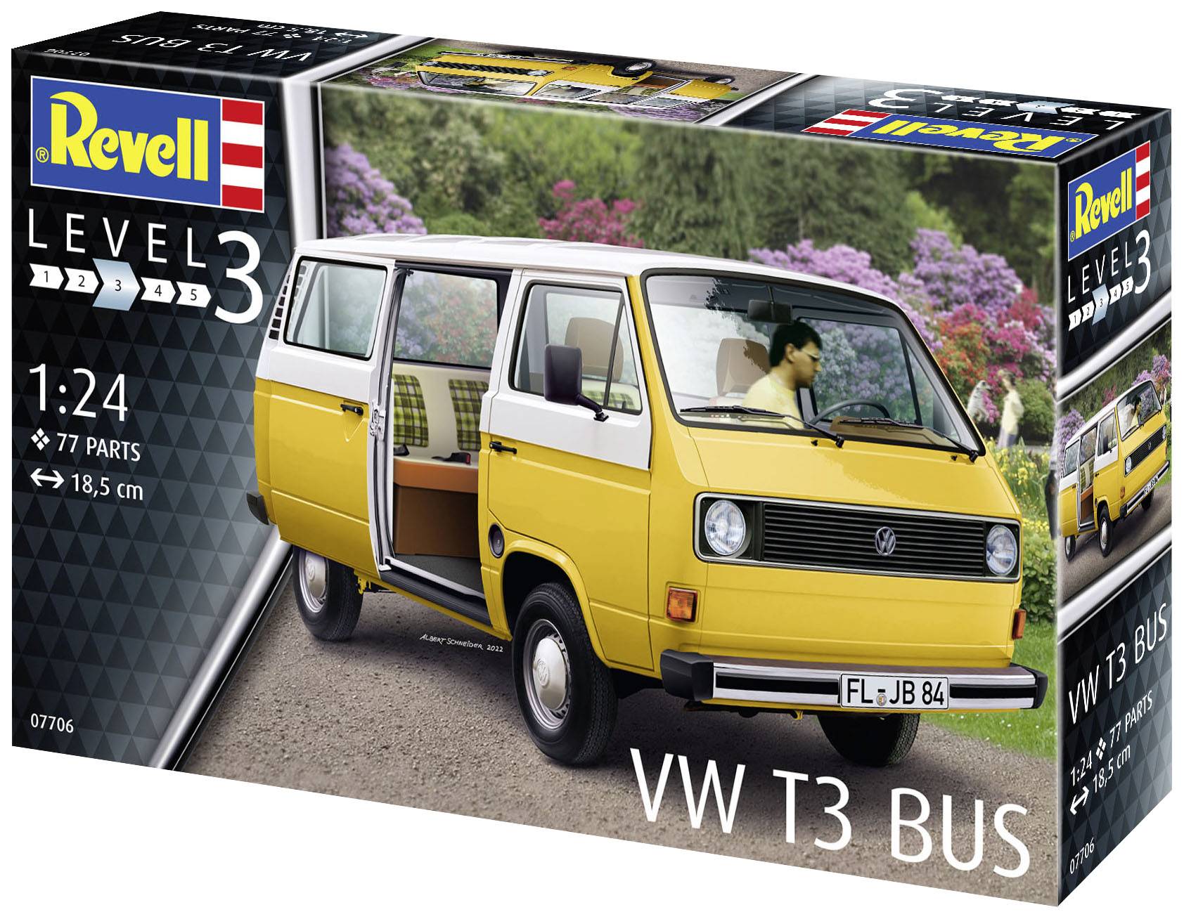 Modellbausatz 'VW T3 Bus', Maßstab 1:24, Revell Level 3. Verpackung zeigt gelb-weißen VW-Bus mit offenem Fahrerbereich, Hintergrund: Park-Szene.