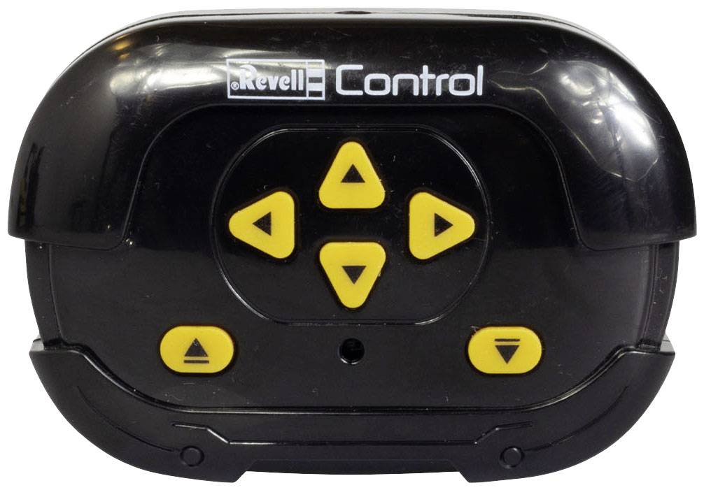 Schwarze Fernbedienung mit gelben Richtungstasten. Oben links ist das Logo 'Revell Control'. Ideal für die Steuerung von Spielzeugautos.
