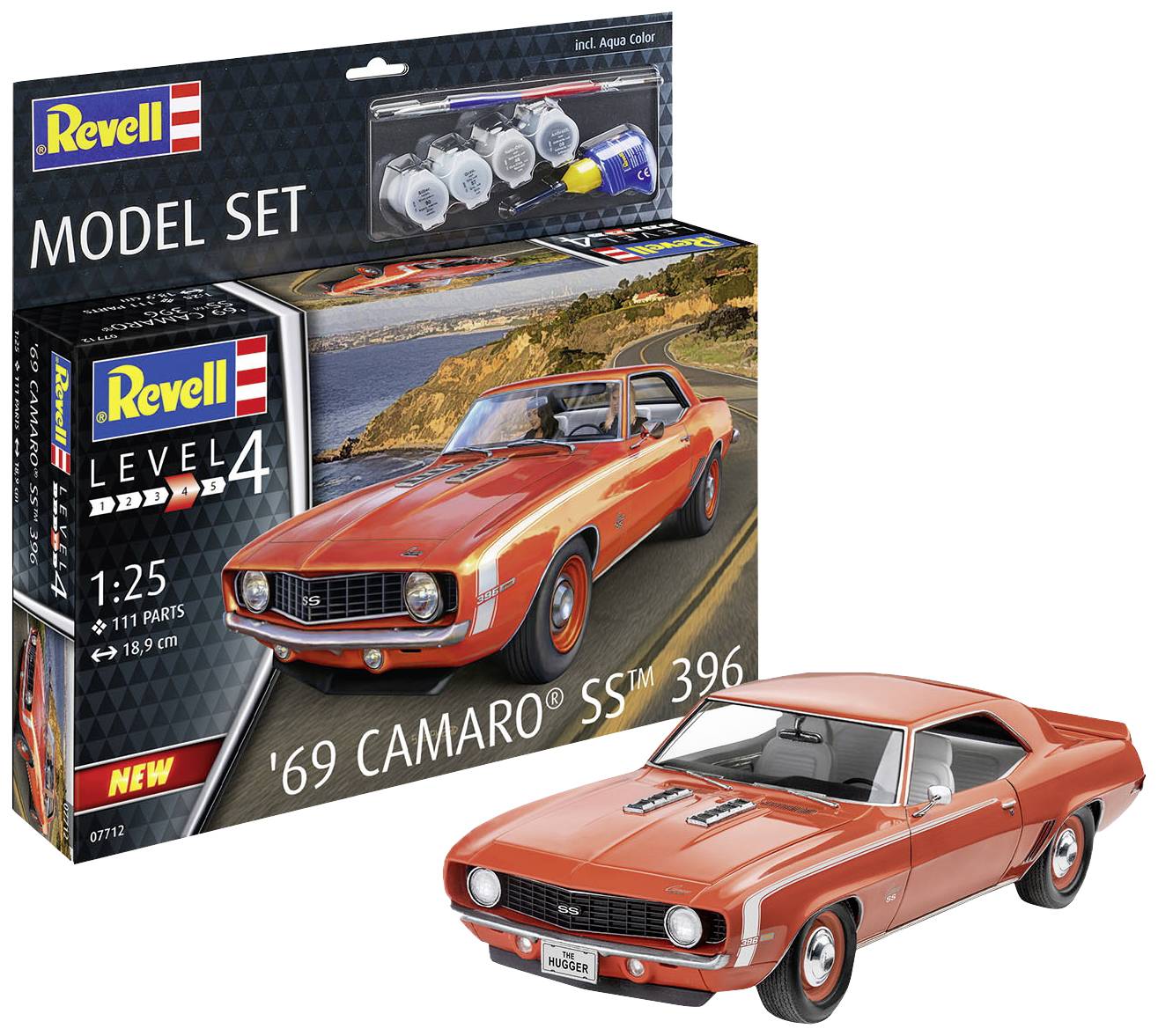'Revell Modellbausatz 1969 Camaro SS 396' zeigt ein rotes Modellauto vor einer Küste. Verpackung im Hintergrund mit Bausatzdetails.