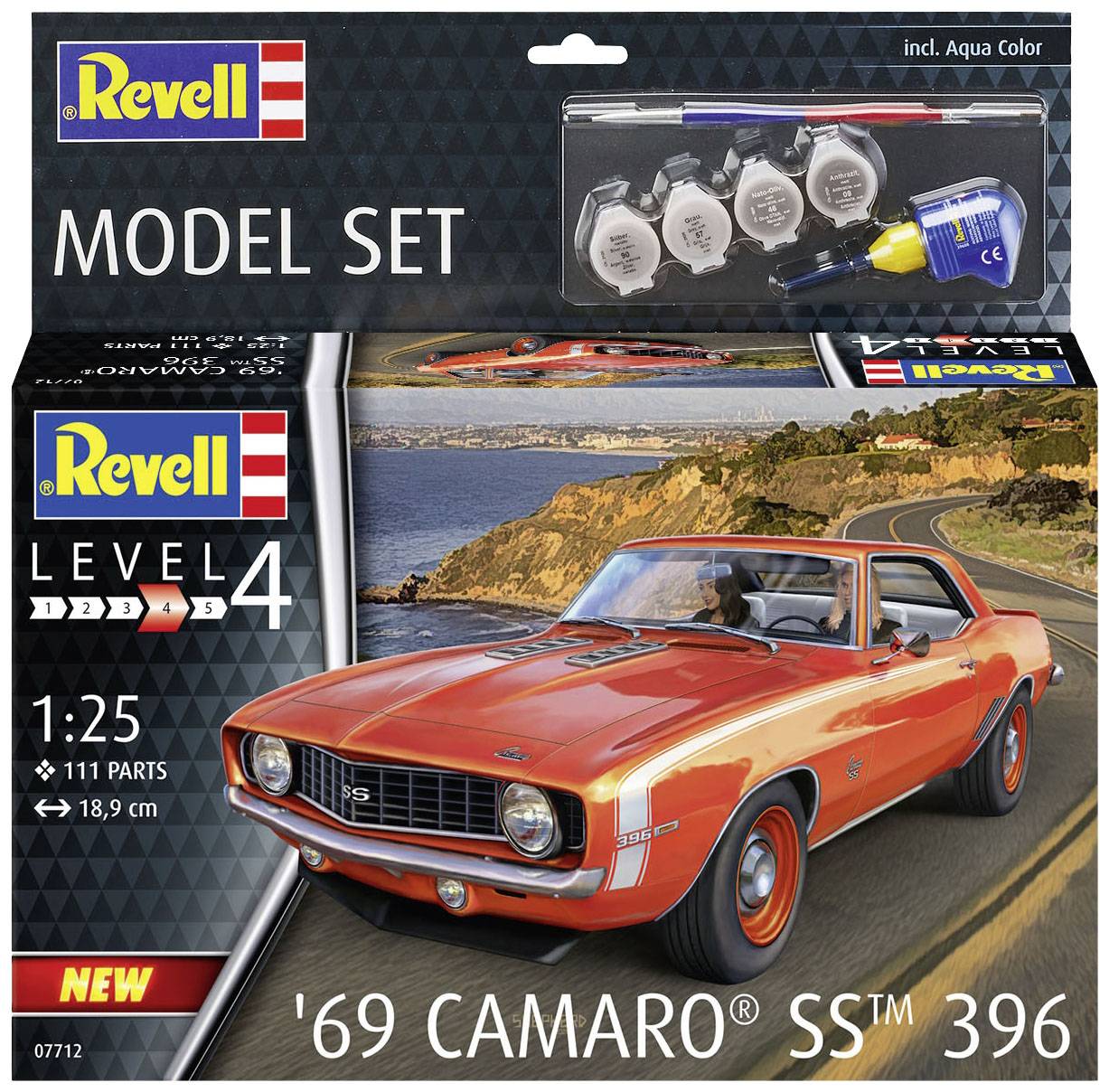 Das Bild zeigt ein Revell Modellbausatz-Level 4 eines '69 Camaro SS 396'. Im Hintergrund ist eine Küstenstraße zu sehen. Beinhaltet Farben und Kleber.