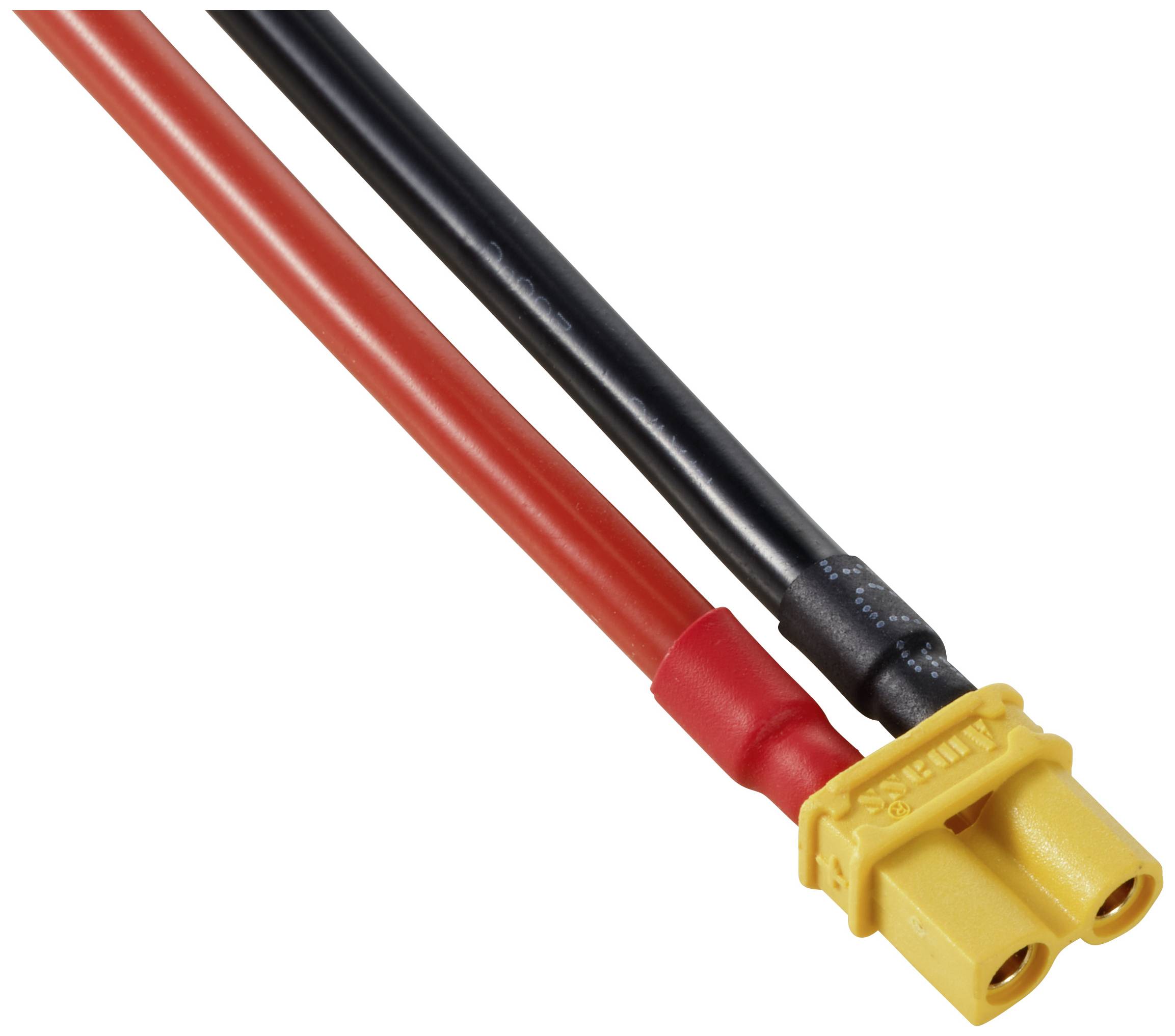 Zwei elektrische Kabel, eines rot und eines schwarz, mit einem gelben, rechteckigen Stecker verbunden.