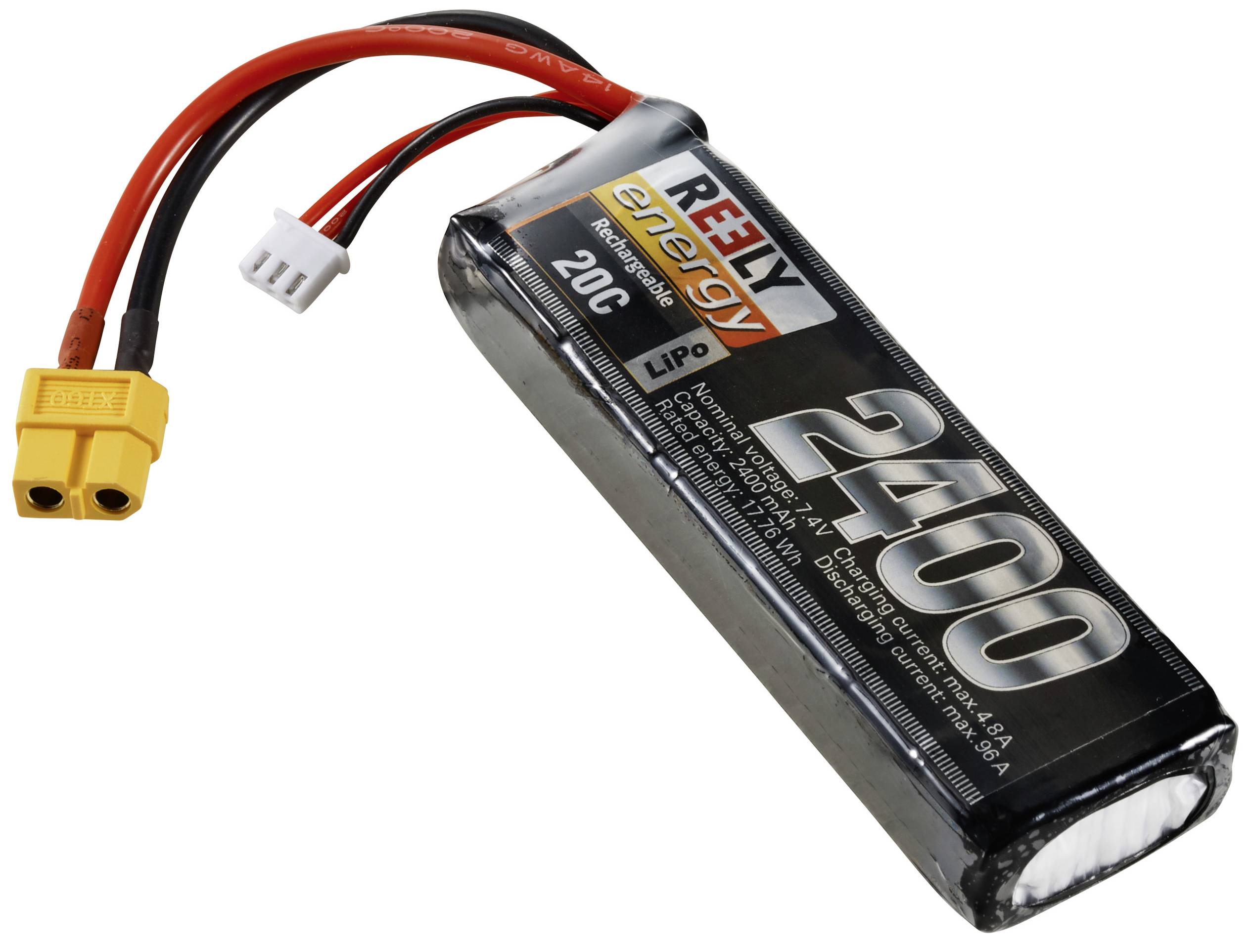 LiPo-Akku von RELY energy mit 2400mAh Kapazität und 20C Entladestrom. Es hat ein XT60-Anschlusskabel und ist für RC-Modelle geeignet.