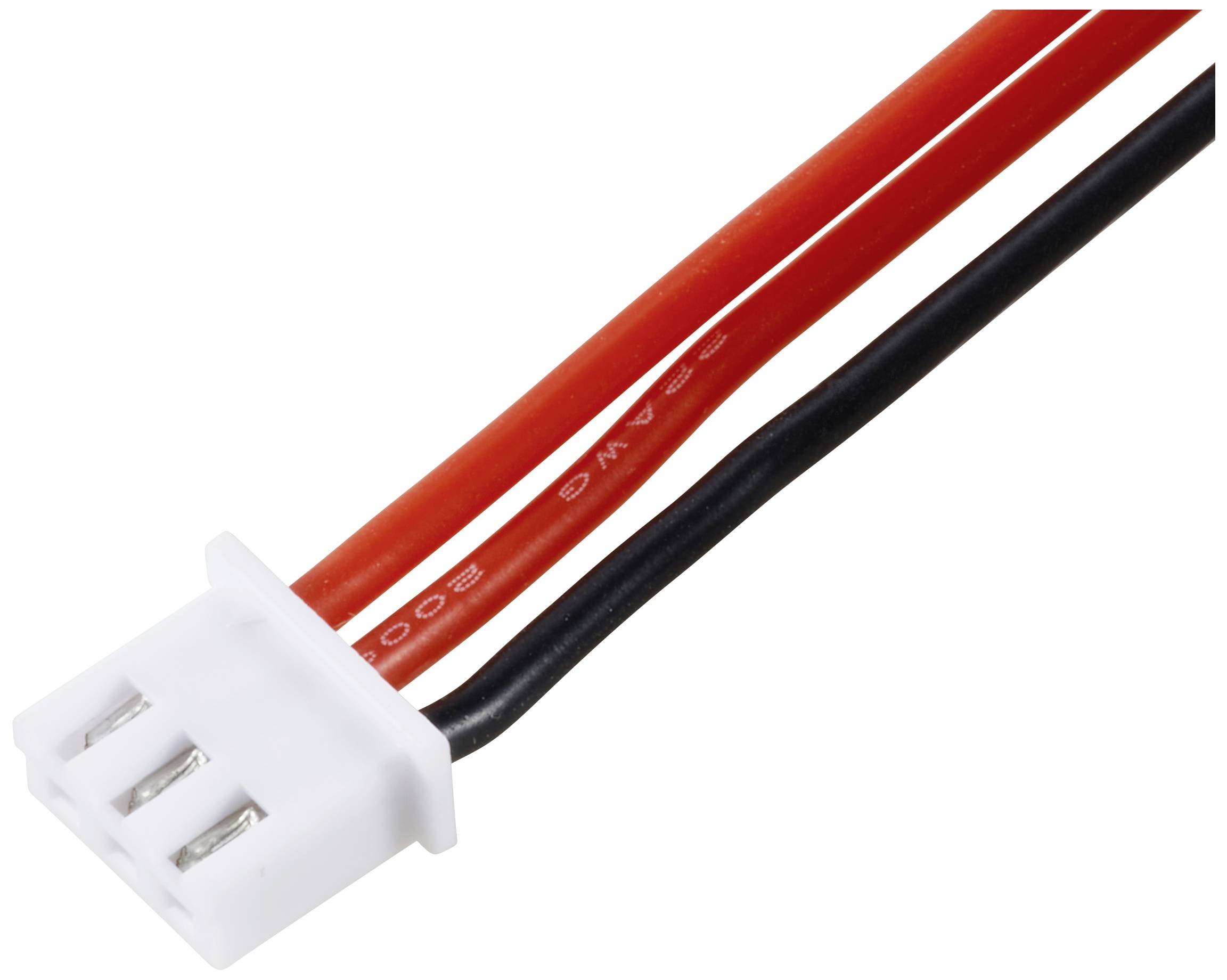 Ein weißer, dreipoliger Stecker mit roten und schwarzen Kabeln, die an der Oberseite befestigt sind.