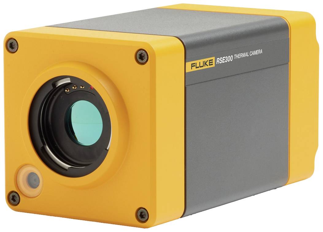 Eine gelb-graue Wärmebildkamera mit der Aufschrift 'Fluke RSE300 Thermal Camera' auf der Seite.