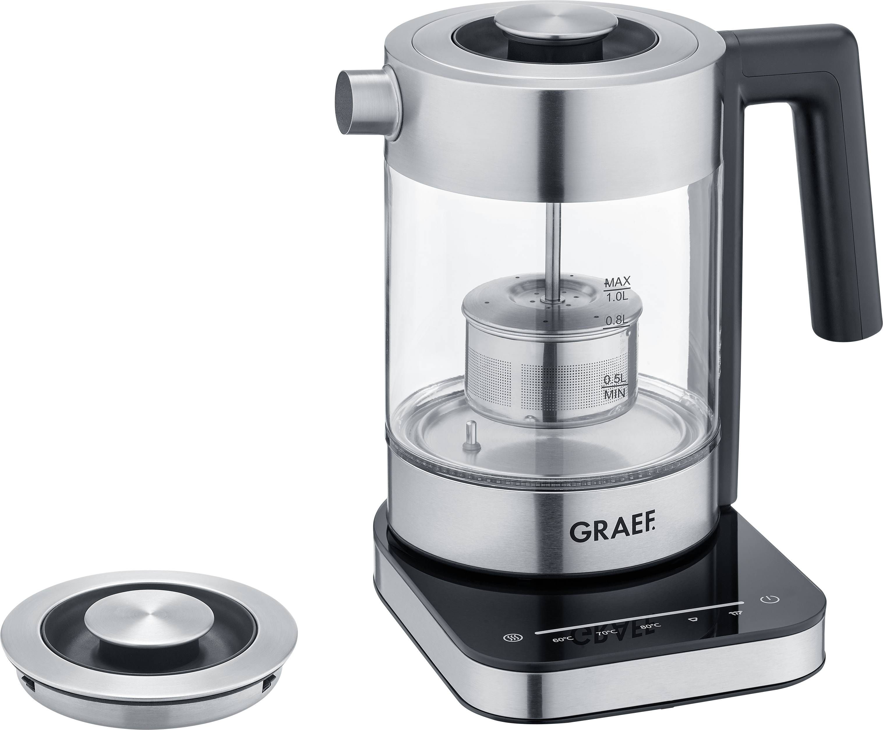 Elektrischer Teekocher aus Edelstahl und Glas mit schwarzem Griff, auf einer schwarzen Basis, daneben ein abnehmbarer Deckel.