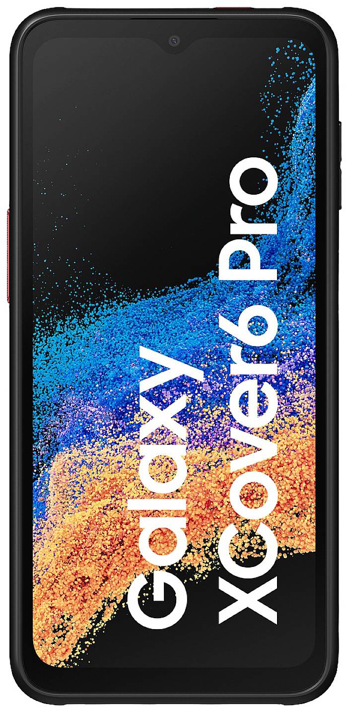 Smartphone mit robustem Gehäuse, angezeigt auf dem Bildschirm steht 'Galaxy XCover6 Pro'. Vor einem Hintergrund in Schwarz, Blau und Orange.