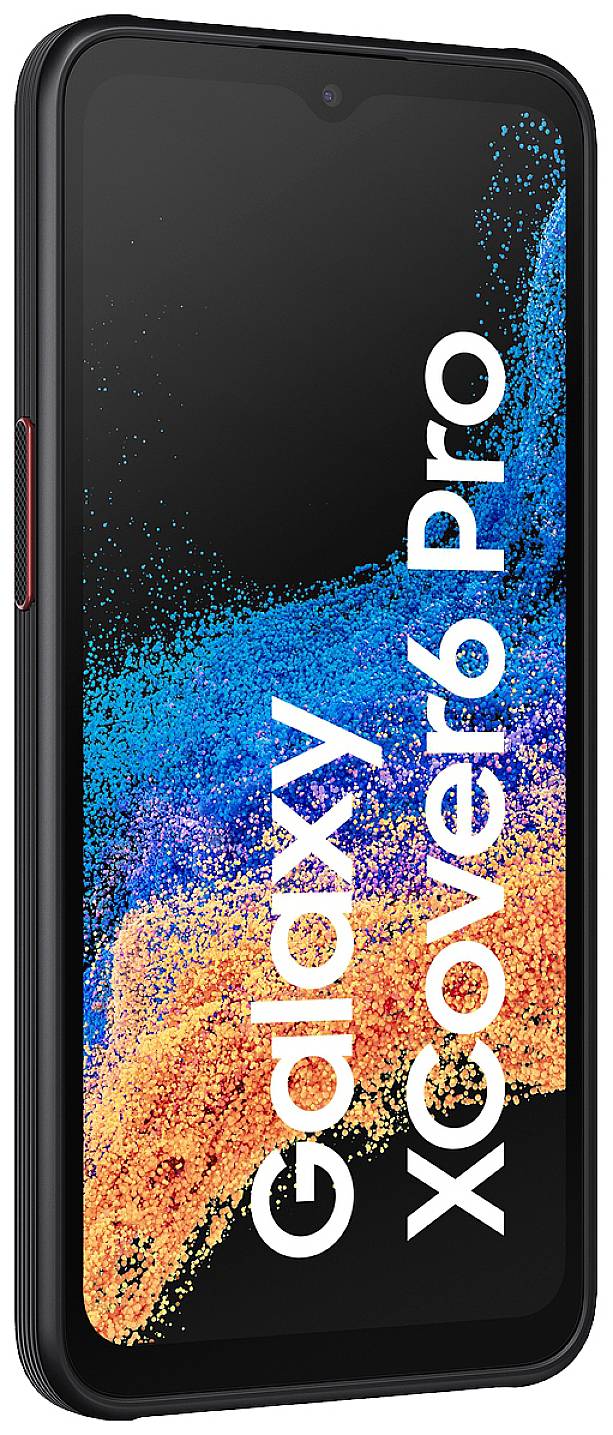 Ein Smartphone mit rechteckigem Design und der Aufschrift 'Galaxy XCover6 Pro' auf dem Bildschirm.