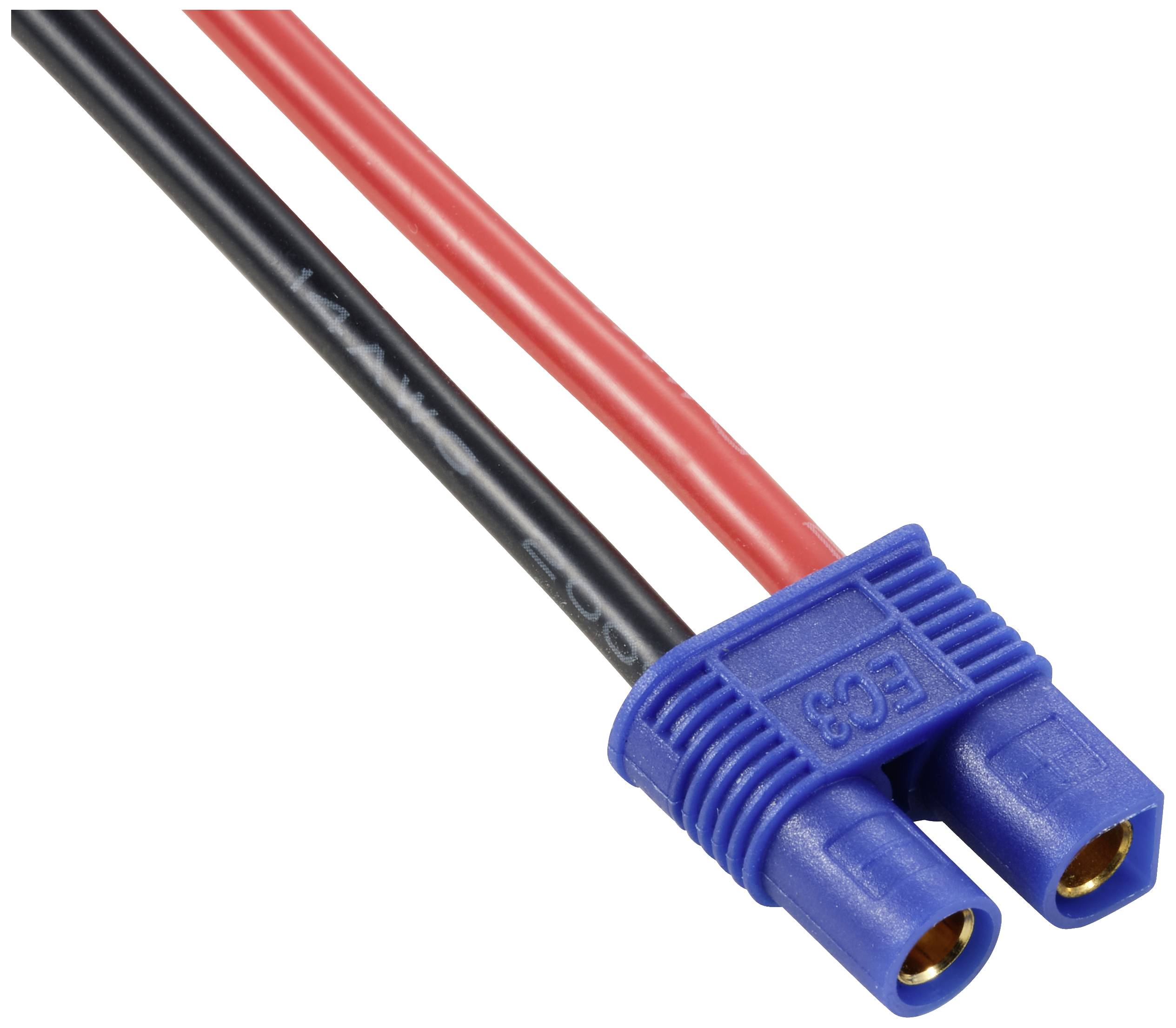 Zwei elektrische Kabel, rot und schwarz, mit einem blauen EC3-Stecker.
