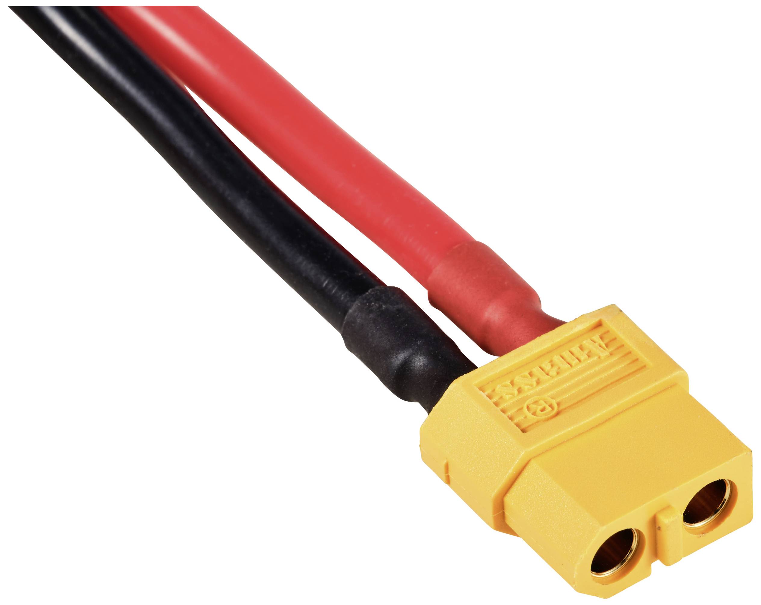 Ein gelber XT60-Stecker mit schwarzem und rotem Kabel zeigt die Polung an.