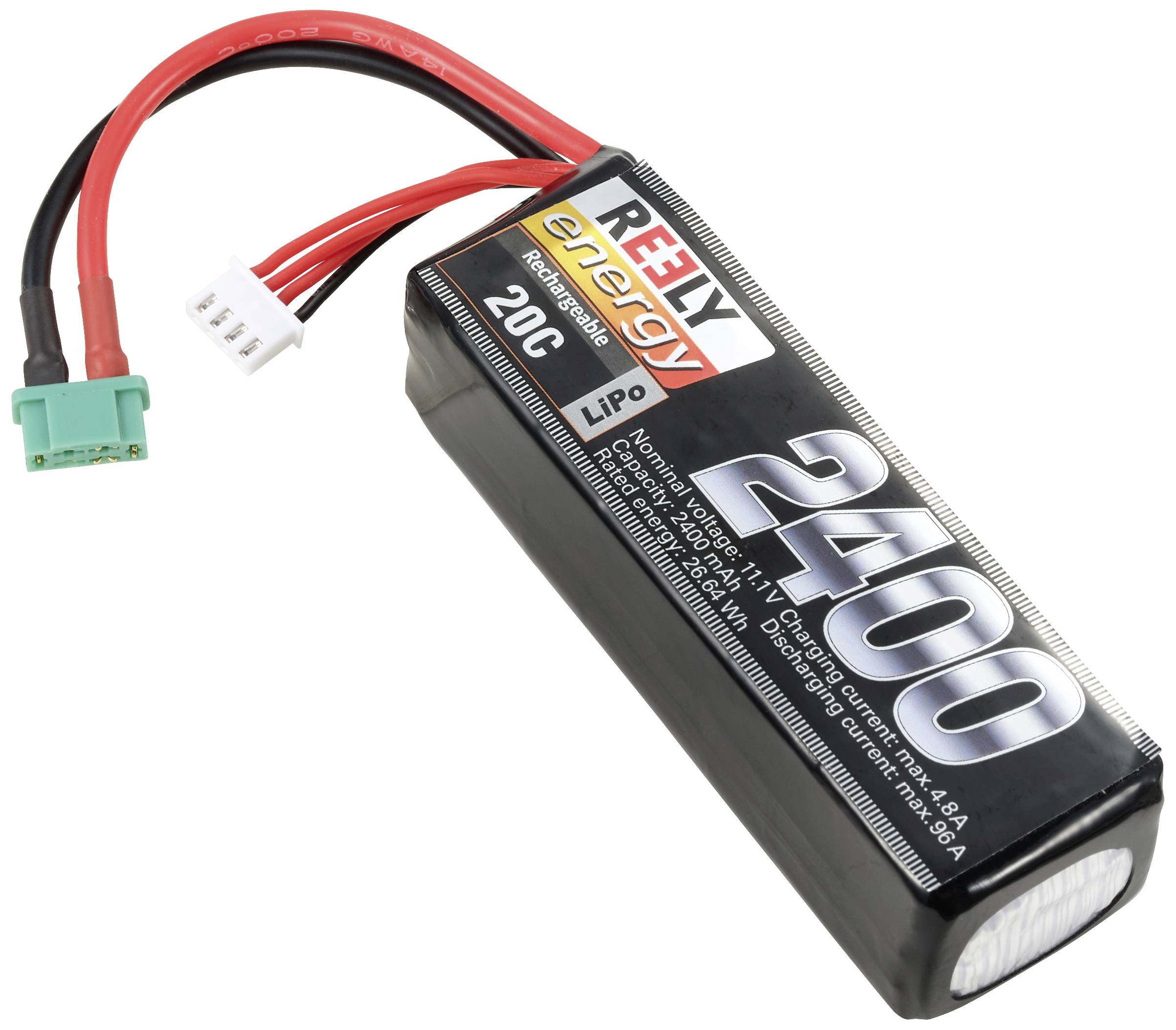 LiPo-Akku mit 2400 mAh Kapazität, schwarze Verpackung, rote und schwarze Kabel und grüner Anschlussstecker.
