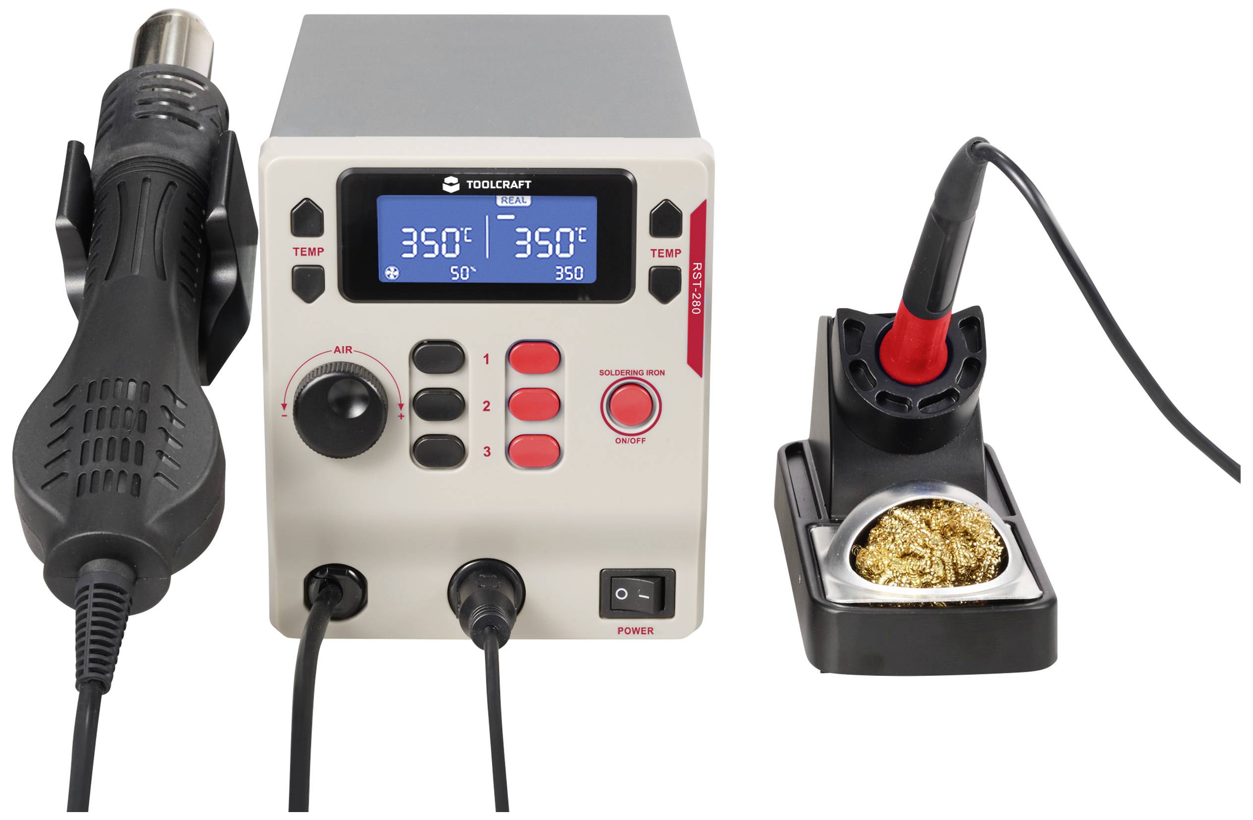 Lötstation mit digitalem Display zeigt 350 Grad, enthält Heißluft- und Lötkolbenaufsatz mit Halterung und Reinigungsschwamm.