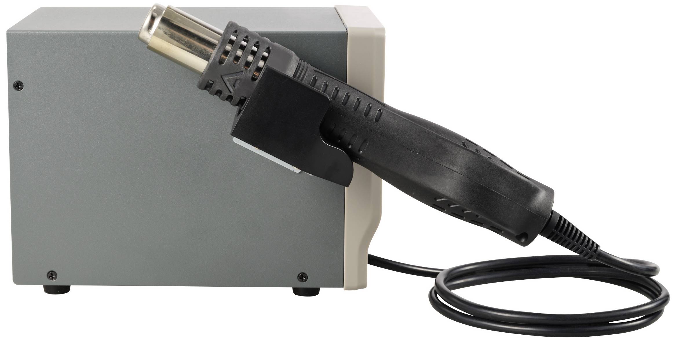 Elektronisches Lötgerät mit Halterung, verwendet zum Löten elektronischer Komponenten. Schwarzer Griff, graues Gehäuse.