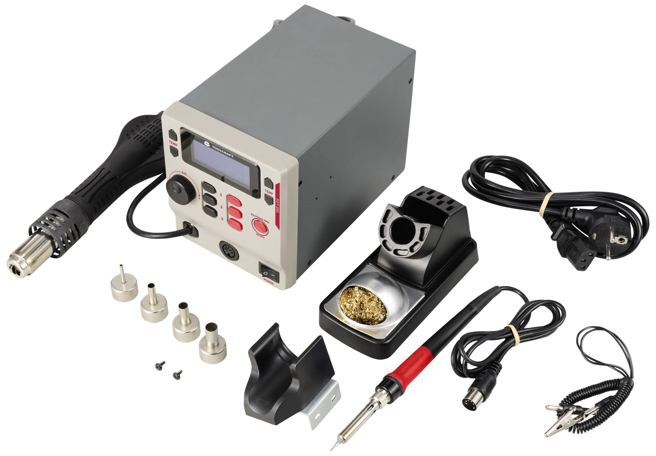 Lötstation mit digitalem Display, inklusive Lötkolben, Heißluftgebläse, Lötkolbenhalter, Reinigungsschwamm und diversen Aufsätzen.